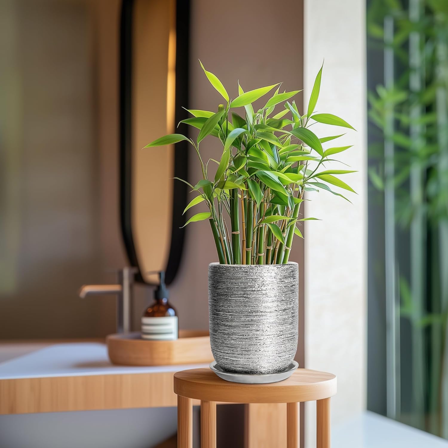 Ceramic Flower Pot for Plants - 8 Inch Plant Pot Indoor with Drainage Hole and Saucer, Cylinder Modern Outdoor Round Planter, Gardening Gifts for Women Men, Garden Office Decor, Silver