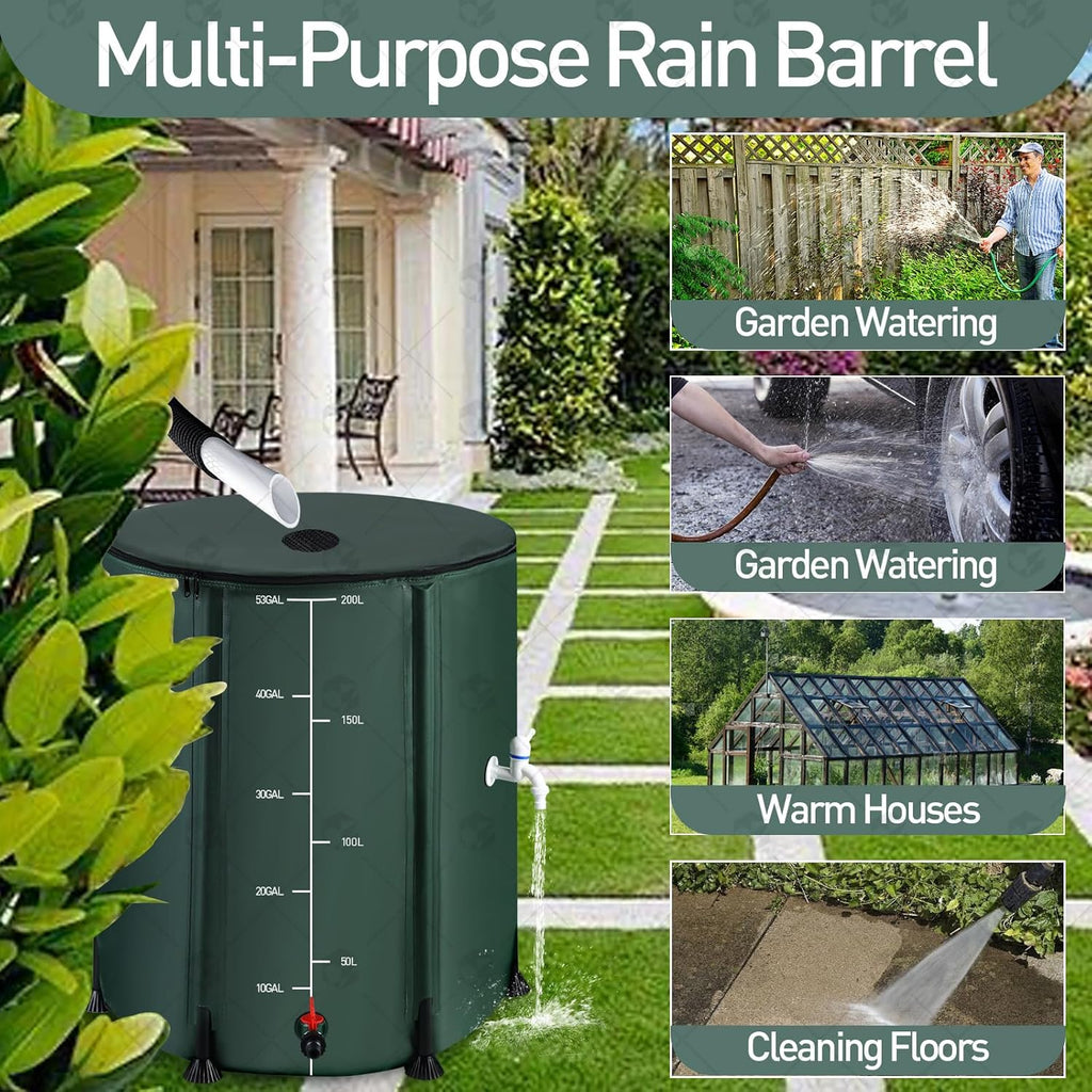 2Pcs 53 Gallon Collapsible Rain Barrel Kit with 12 Half Poles, 200L Protable Rain Water Collection Barrel with Zipper, 1000D Oxford Rain Catcher Barrel System Garden with 1 Spigot and 2 Overflow
