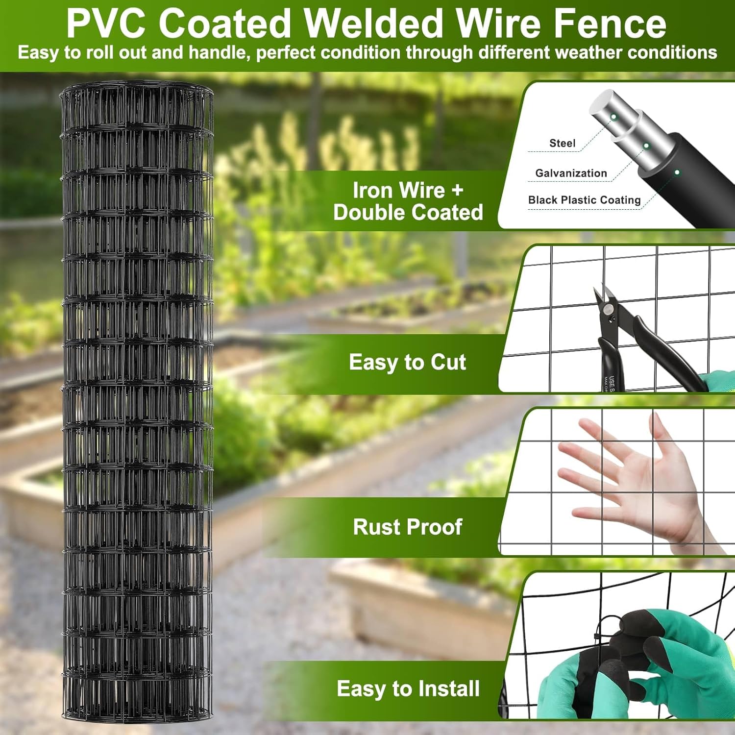 Black Welded Wire Fence 36 Inch x 59 Foot, 2.4" x 2.4" 14GA PVC Coated Wire Fencing for Garden Bed, Vinyl Coated Metal Wire Mesh Roll for Yard Vegetable Plant Protection Chicken Dog Poultry Netting