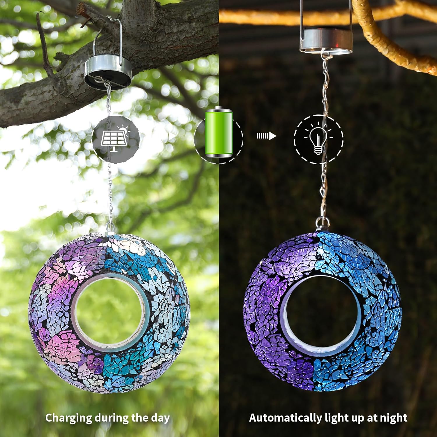 VCUTEKA Mosaic Bird Feeder Solar Fly Through Birdfeeder for Outside Hanging Round Shape Glass Container to Attract More Wild Bird Feeders for Garden Decor as Gift for Bird Lovers, 8-Inch