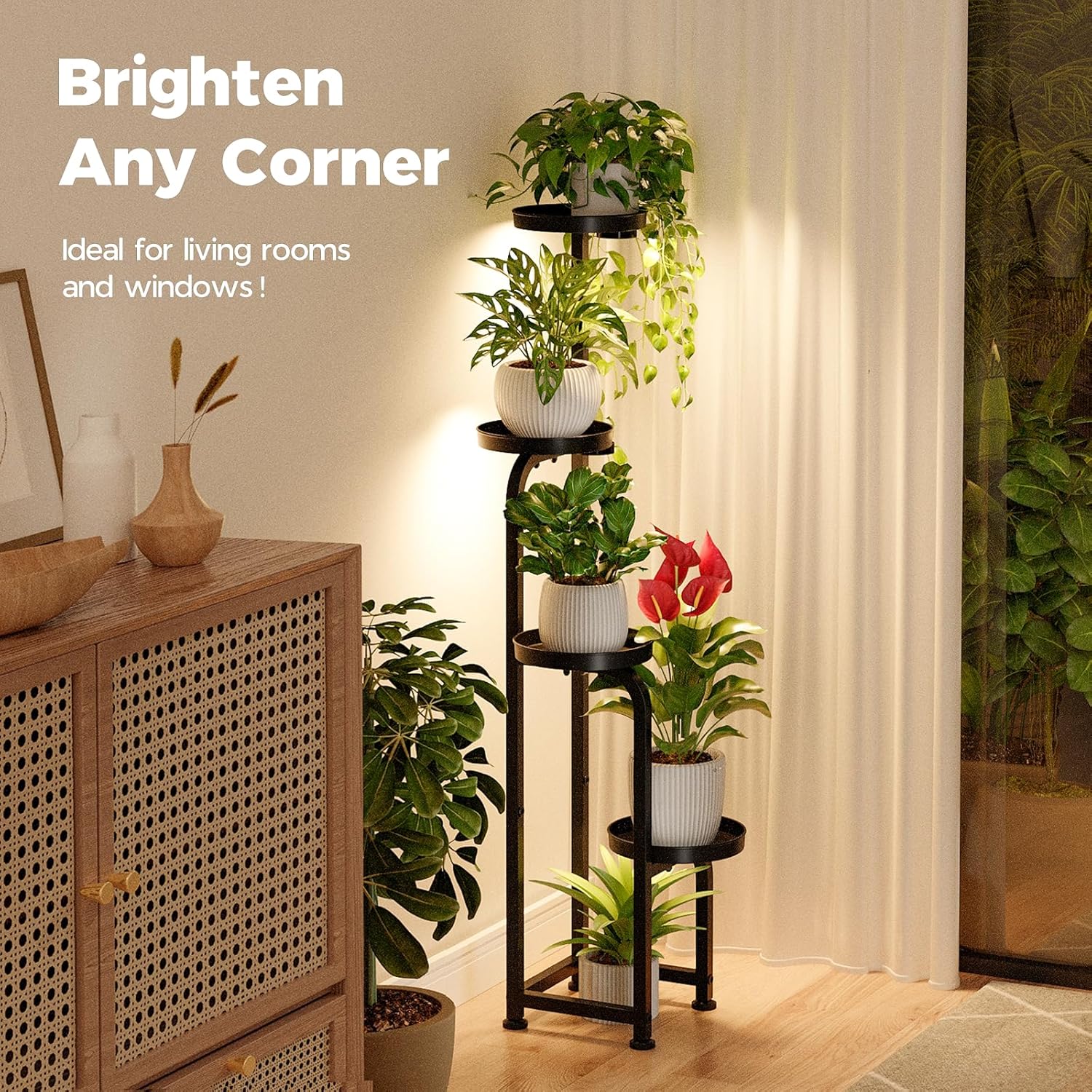 Bamworld Plant Stand with Grow Light, Corner Metal Flower Pot Stands for Multiple Plants, 4 Tier Heavy Duty Plant Shelf for Patio Garden Balcony Living Room Bedroom(Patent Design)