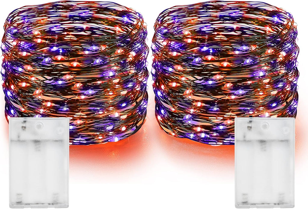 Dazzle Bright Purple and Orange Fairy String Lights, 2 Pack Total 40FT 120 LED Copper Wire Battery Operated Waterproof Lights, Halloween Decorations for Indoor Home Outdoor Patio Yard Party Decor
