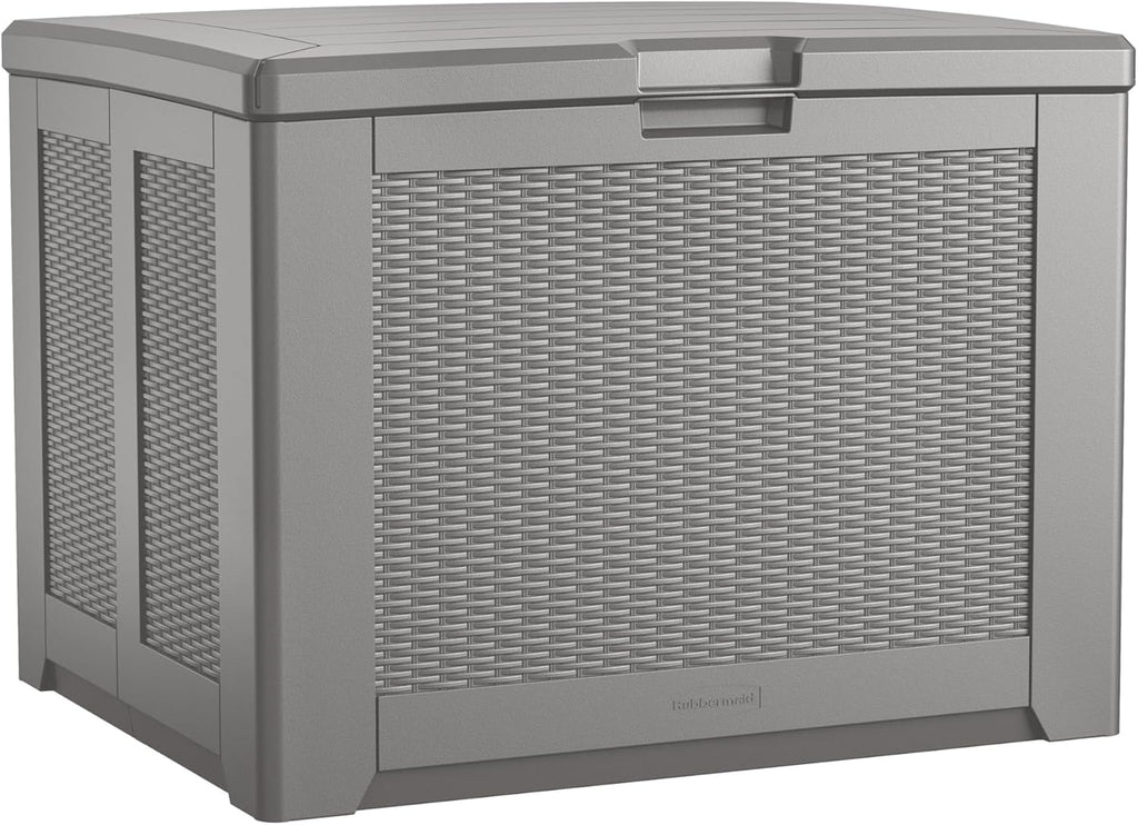 Rubbermaid Medium Resin Outdoor Storage Deck Box (74 Gal) Weather Resistant Gray Deck Organization for Home/Backyard/Pool Chemicals/Toys/Garden Tools/Porch/Patio Cushions