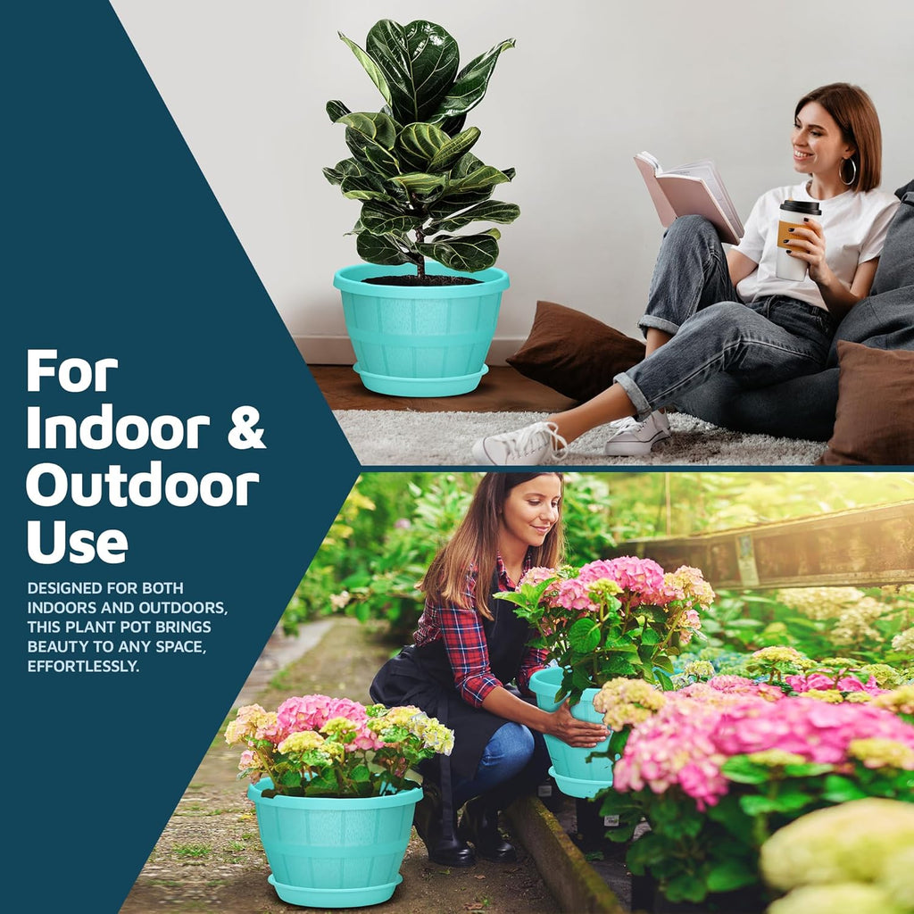 10-Inch Whiskey Barrel Planters Outdoor Pack of 25 - Durable Plastic Plant Pots for Indoor & Outdoor Use with Drainage & Saucer, Lightweight Rustic Barrel Planters for Flowers, Herbs & Small Plants