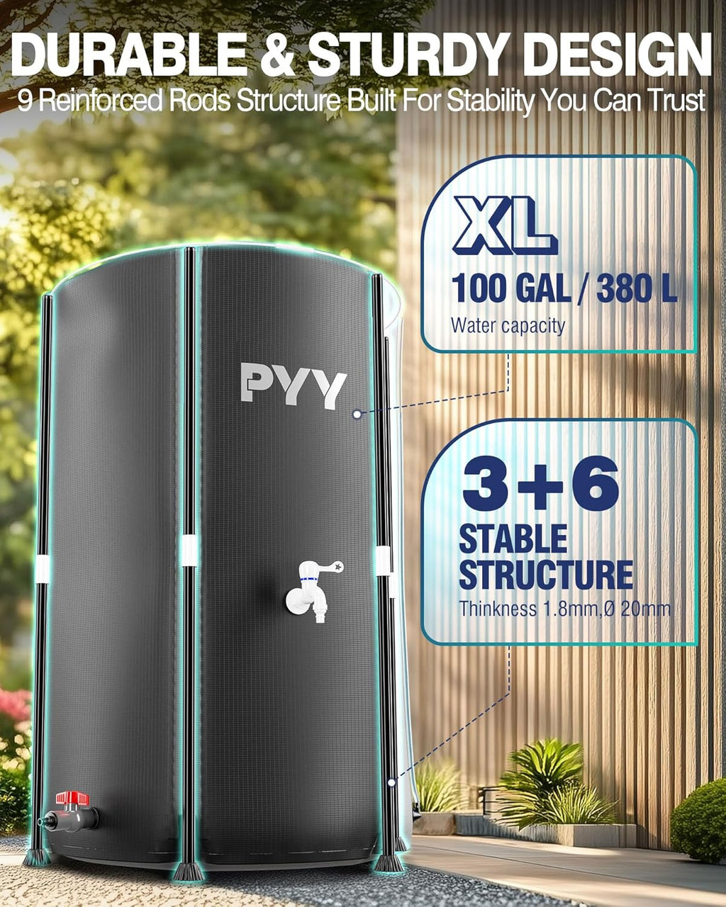 PYY Rain Barrel - 100 Gallon Water Storage Tank with Spigots, Portable Rain Catcher to Collect Rainwater from Gutter, Large Plastic Rain Catchment System with Collapsible Bucket, Black