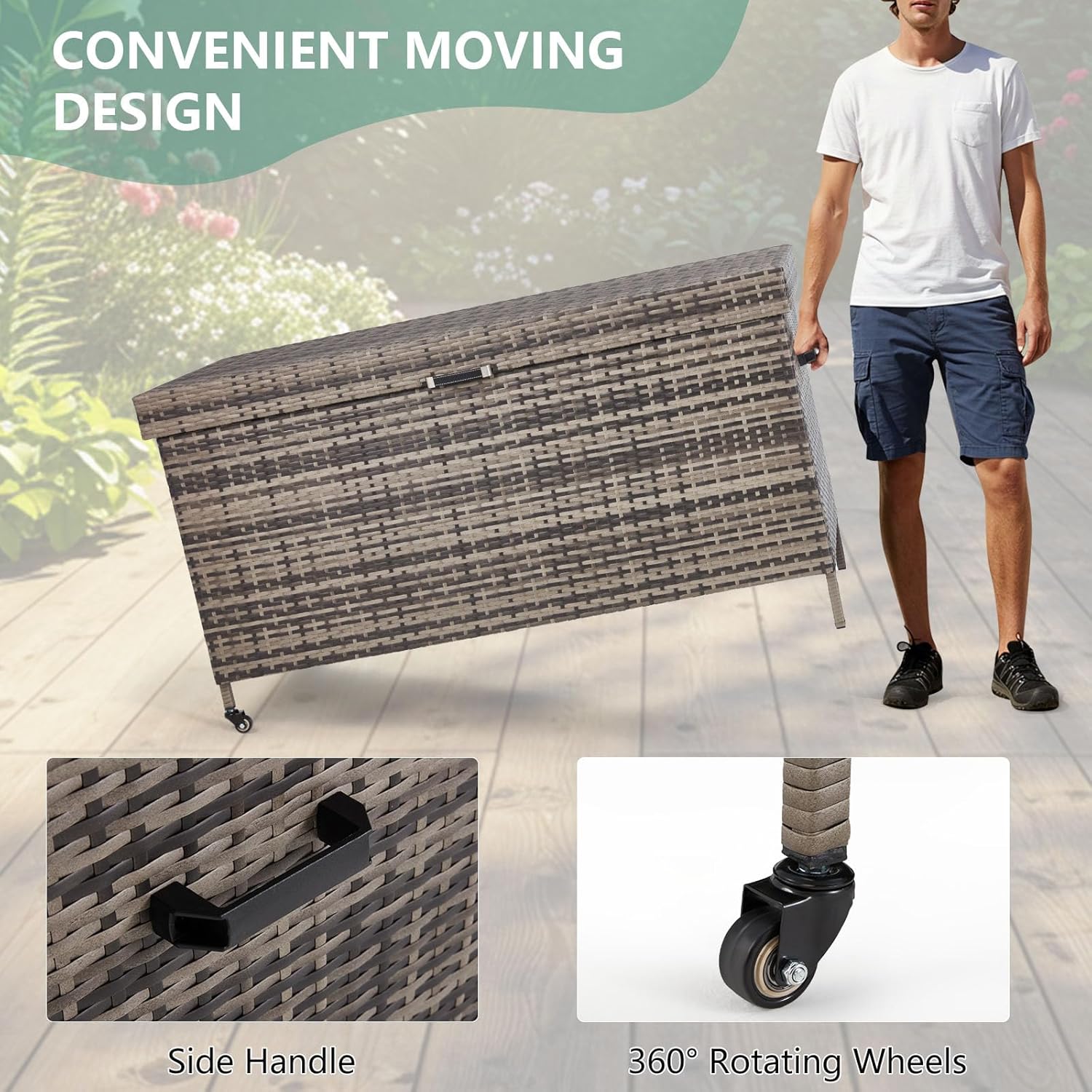 HOMREST Large Deck Box, Outdoor Wicker Storage Container with 240 Gallon, Patio Rattan Furniture for Garden Tools, Pillows, Pool, Brown