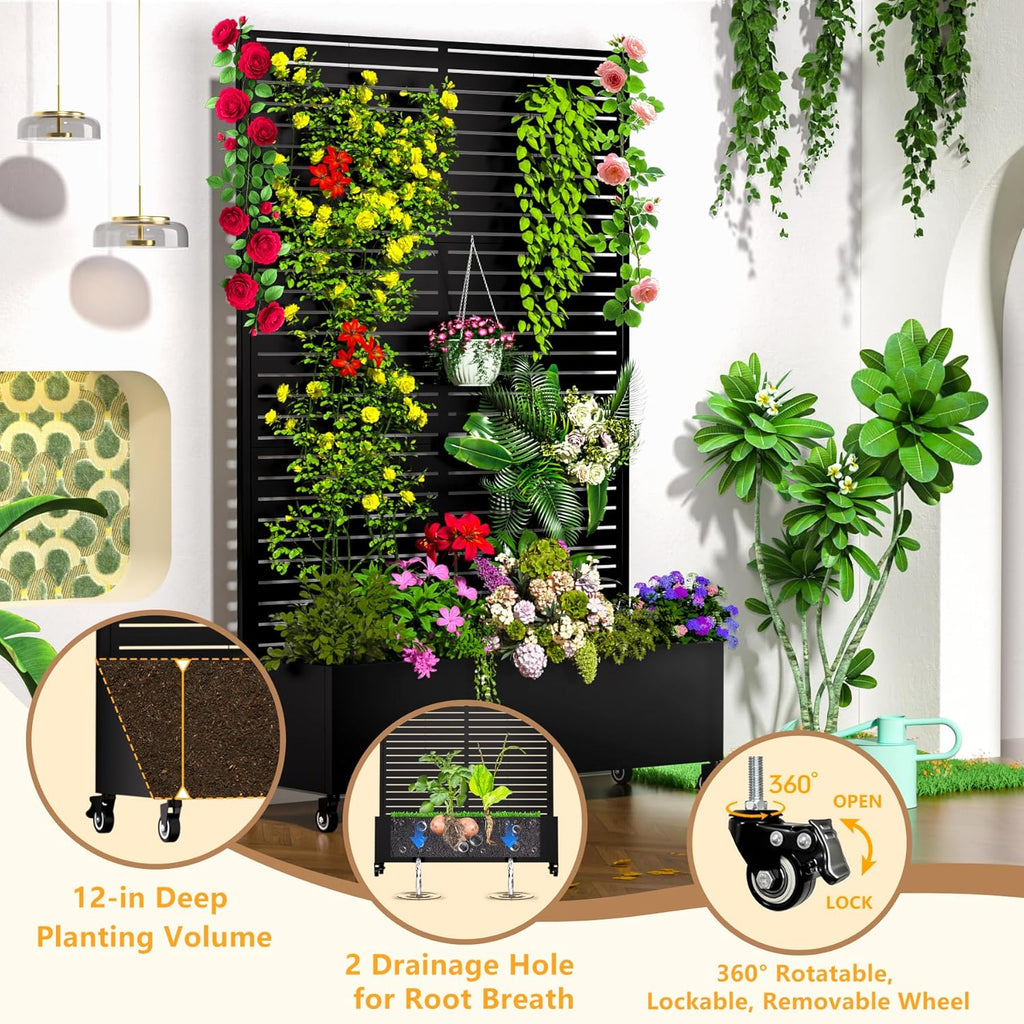 Metal Planter Box with Trellis Outdoor, 72.1"x47.2"x16" Galvanized Raised Garden Bed with Privacy Screen & Drainage Holes & Lockable Casters for Climbing Plants, Vegetable (Louvered-Black)