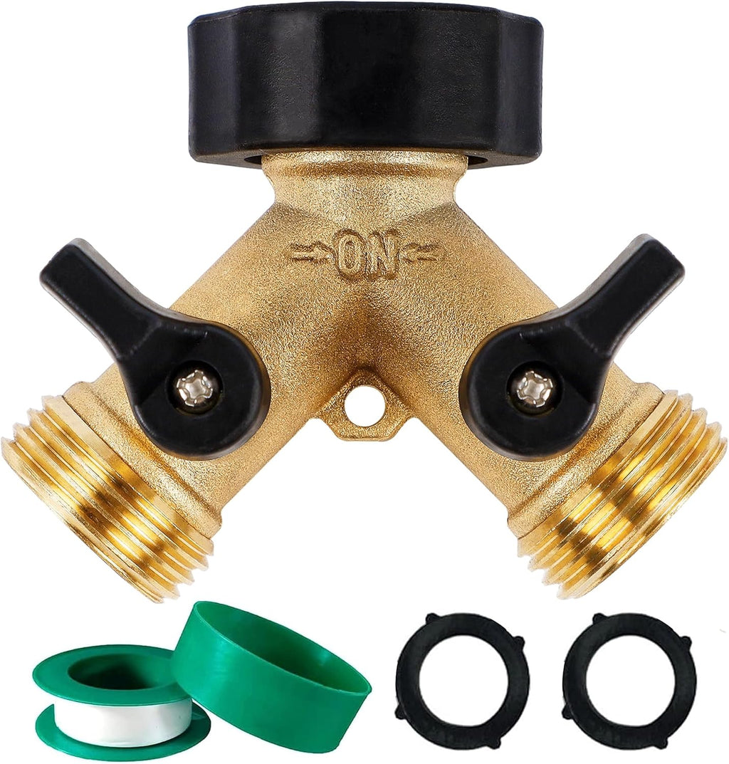 Biswing Garden Hose Splitter 2 Way, Heavy Duty Brass Connector Tap Splitter, Y Splitter 2 Valves with 2 Extra Rubber Washers