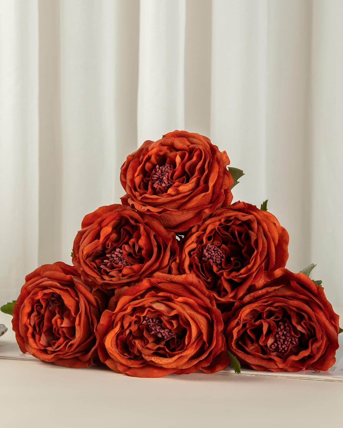 DuHouse 5Pcs Silk Roses Fake Burnt Orange Roses with Stems Real Touch Rose Artificial Flowers for Arrangement Wedding Party Home Decoration