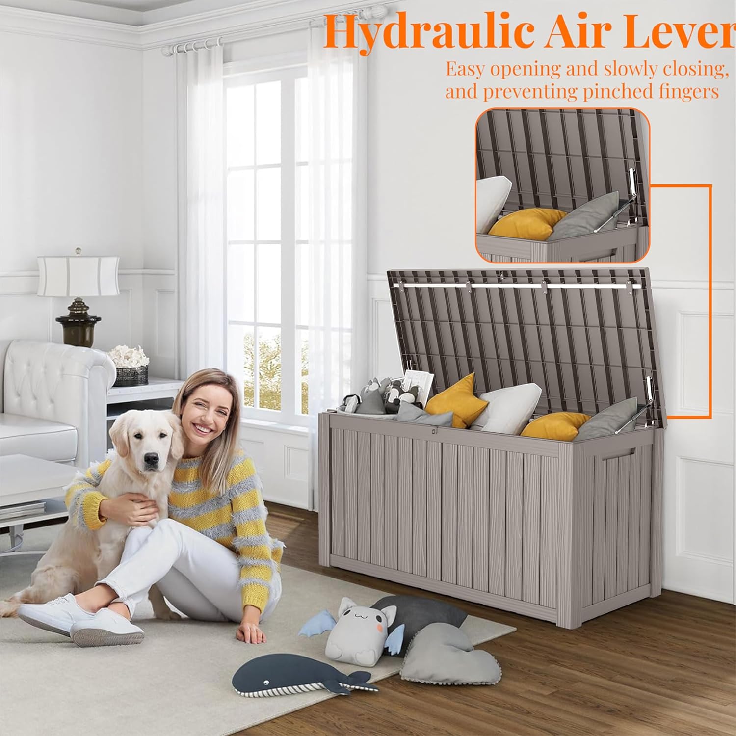 150 Gallon Resin Deck Box, Lockable Patio Outdoor Storage Box for Furniture, Garden Tools and Tools Storage, Waterproof Outside Storage Boxes - Grey