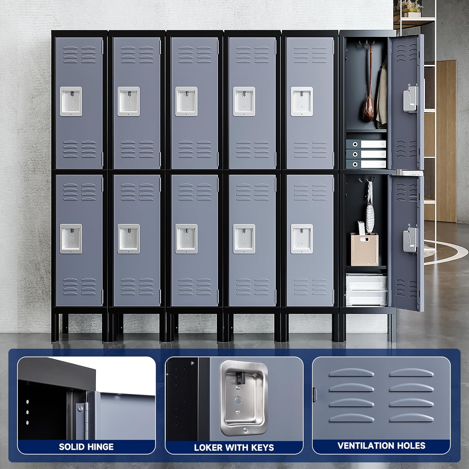 Yizosh Metal Lockers for Employees with Lock, Employees Locker Storage Cabinet with 2 Doors, Tall Steel Storage Locker for Gym, School, Office (Gray Black, 2 Door)