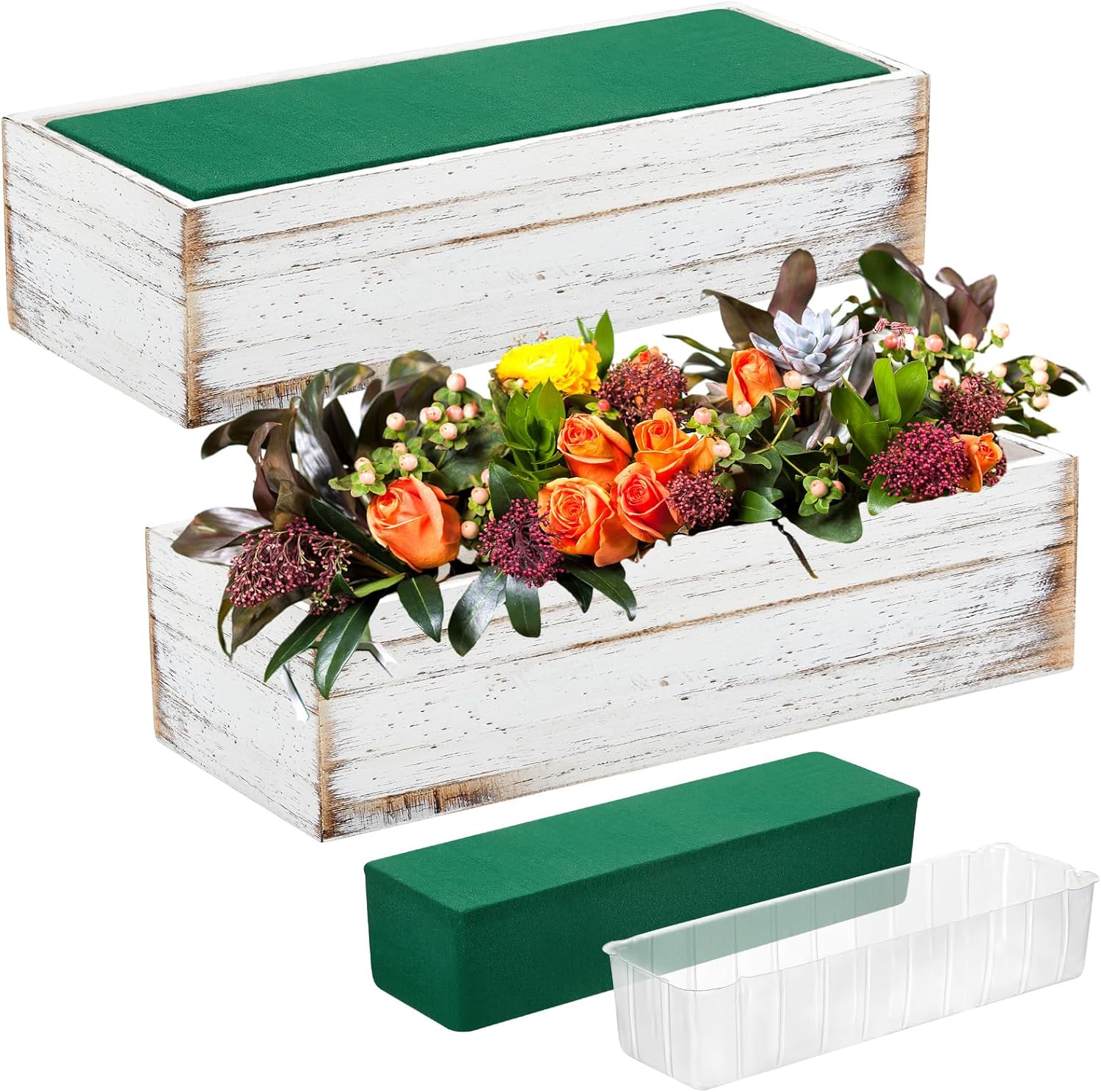 Dandat 4 Set Wood Boxes for Centerpieces 12x4 Inch Rectangle Wooden Planter Box Rustic Wooden Planters with Removable Plastic Liner Floral Foam Blocks for Home Wedding Garden Decor