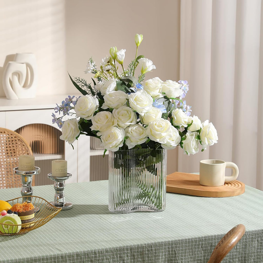 Hawesome 12PCS Artificial Silk Flowers Realistic Roses Bouquet Long Stem for Home Wedding Decoration Party (White -2)