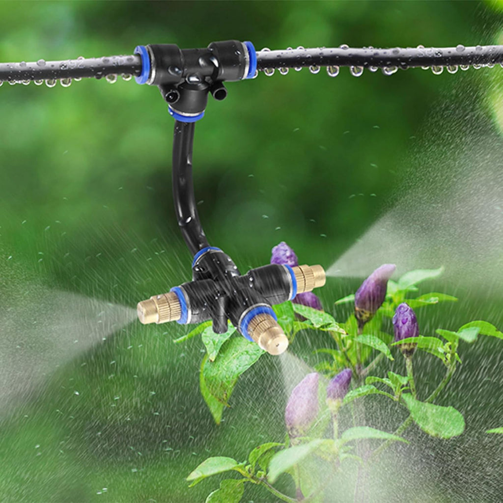 Mornajina 3Packs 3 Way Brass Misting Nozzles Tee with 5inch Built in Hose for Outdoor Cooling System, Adjustable 360° Rotation, Water Mister Nozzles Thread Sprayer 0.043" (1.1 mm)