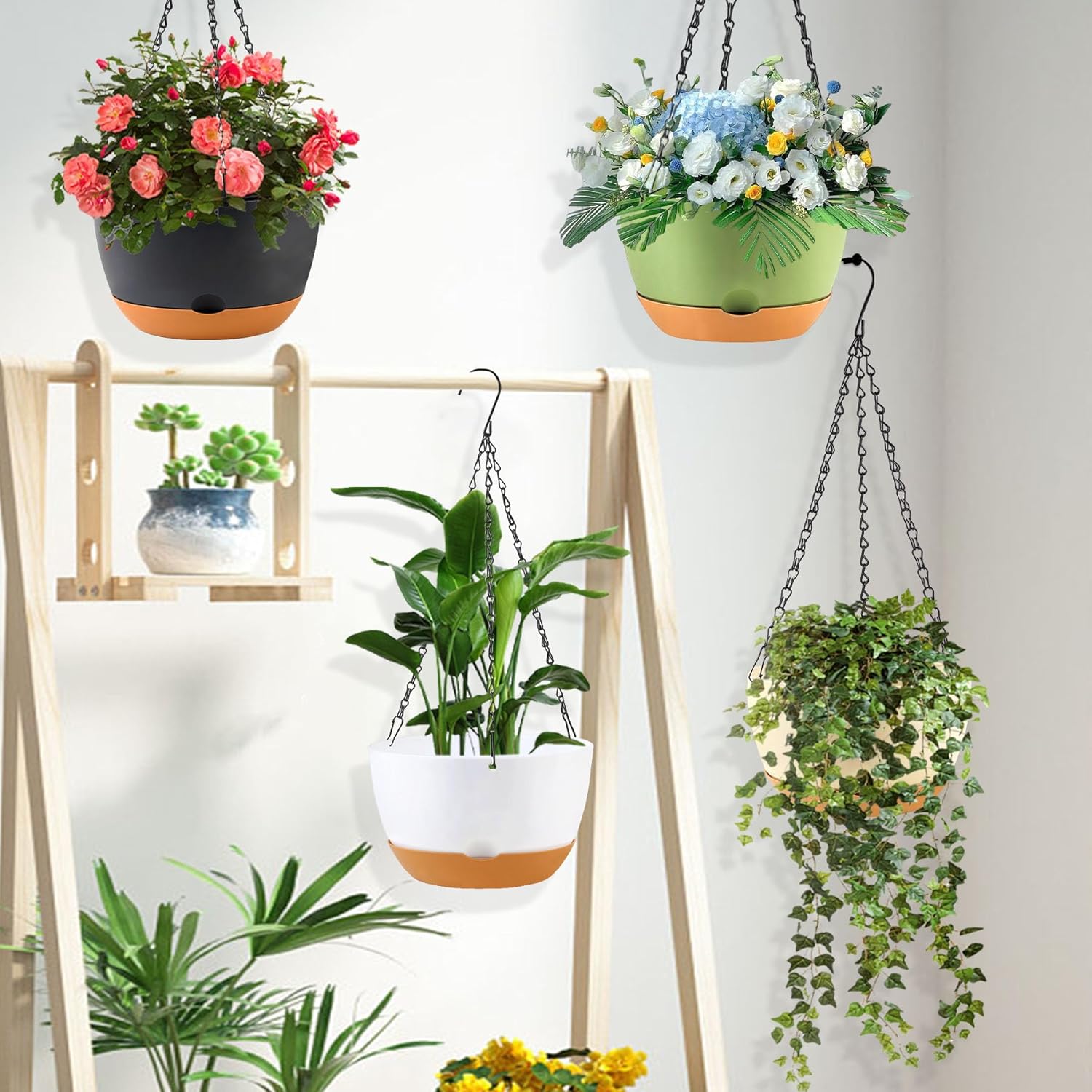 10 inch Hanging Planters for Indoor Outdoor Plants with Self-Watering Pots, 3 Pack Plastic Hanging Basket with Removable Tray for Home Garden Porch Balcony Patio Decor(White+Black+Green)