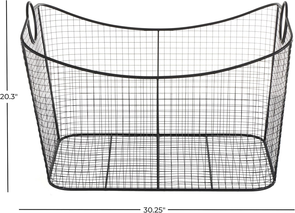 Deco 79 Metal Large Open Frame Wire Grid Storage Basket with Curved Sides and Ring Handles, 30" x 20" x 20", Black