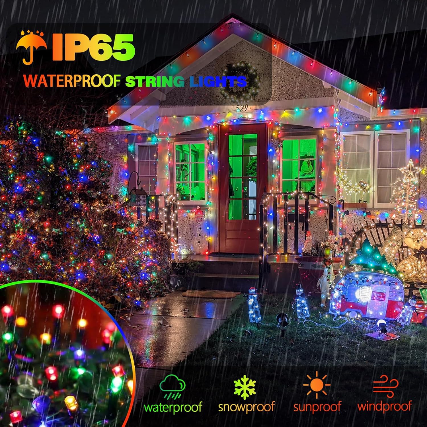 4 Pack 180FT Solar Christmas Lights Outdoor Waterproof, Super Bright 320 LED Solar String Lights with 8 Lighting Modes, Green Wire Twinkle Tree Light for Outside Xmas Party Decorations (Multi-Colored)