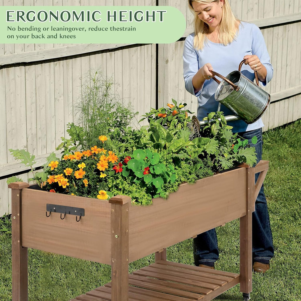Raised Garden Bed Outdoor with Lockable Wheels, 55"x 24" x 33" Elevated Wood Planter Box for Backyard Balcony Patio , Garden Flower Beds with Drainage Holes & Storage Shelf, Gift for Gardening, Brown