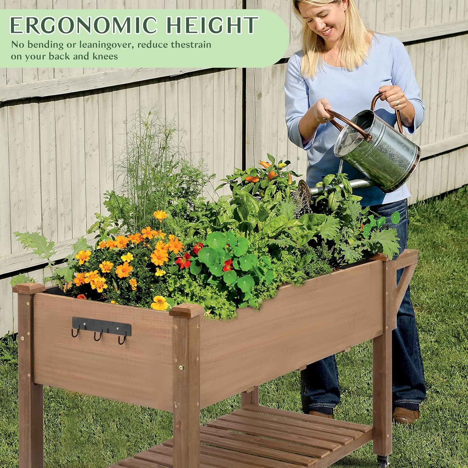 Raised Garden Bed Outdoor with Lockable Wheels, 55"x 24" x 33" Elevated Wood Planter Box for Backyard Balcony Patio , Garden Flower Beds with Drainage Holes & Storage Shelf, Gift for Gardening, Brown