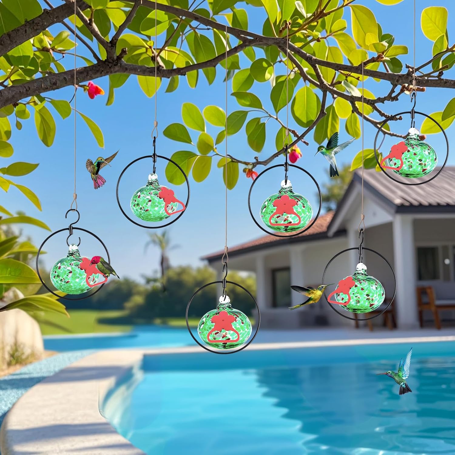 Flexible 6 Pack Hummingbird feeders for Outdoors Hanging Ant and Bee Proof,Detachable Hand Blown Glass Hummingbird Feeder with 6 Adjustable Silicone Perch(Green)