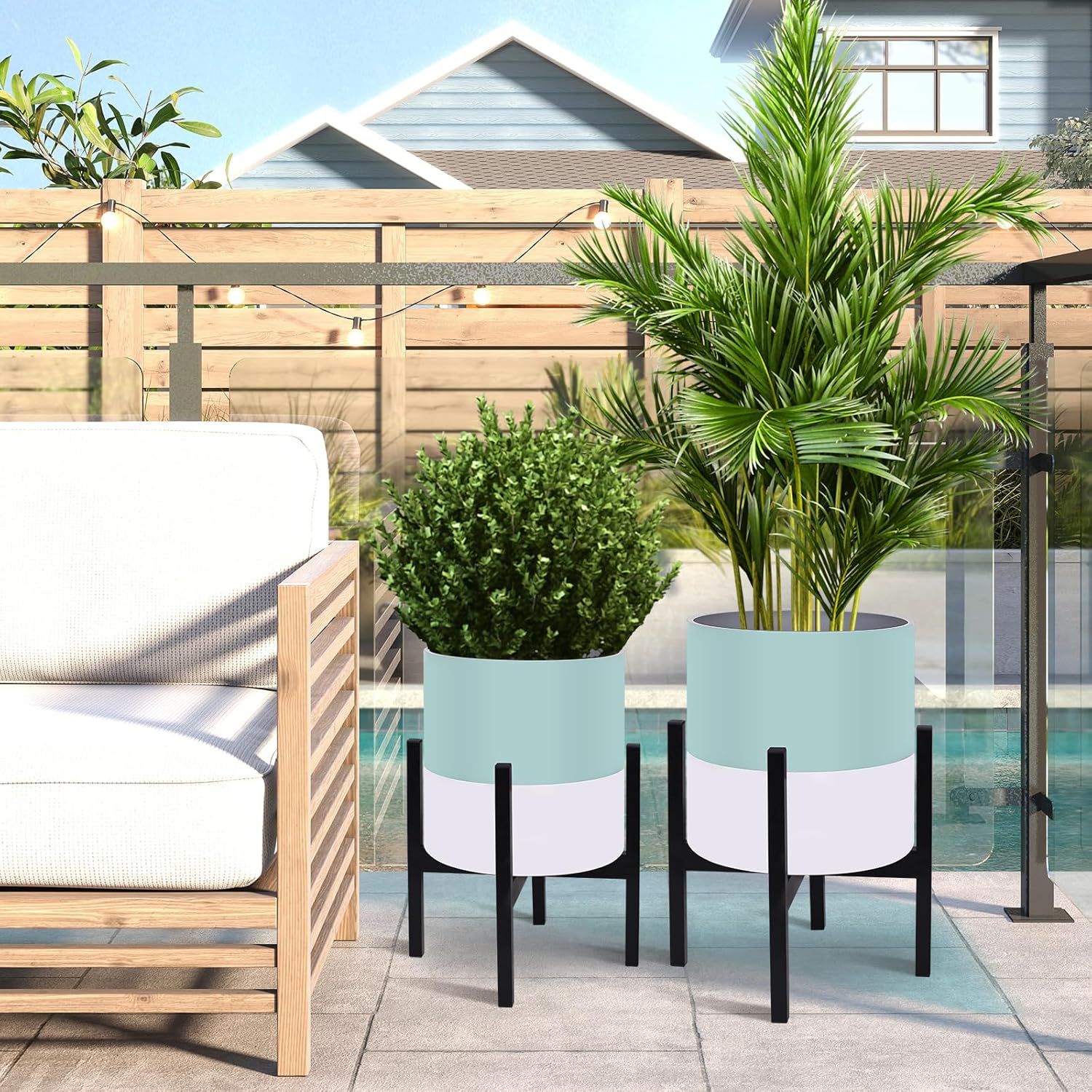 10 & 12 Inches Plant Pots with Stand-Large Indoor Planters with with Drainage Holes,Modern Planting Pots with White and Green Color Matching for Living Room, Office, Garden Or Balcony