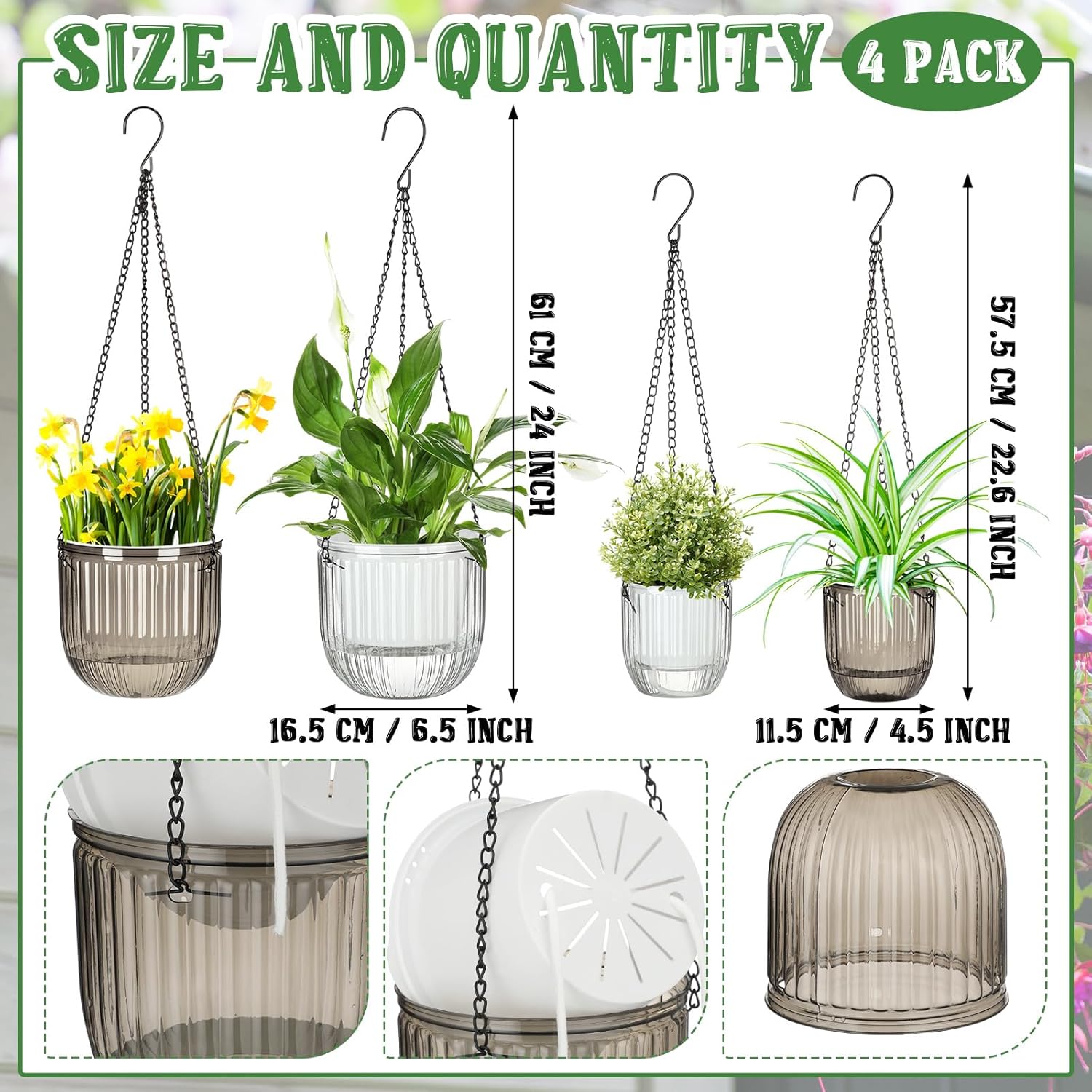 Maxcheck 4 Pcs Self Watering Hanging Planters Indoor Gift 6.5'' 4.5'' Hanging Flower Pots Baskets Outdoor Self Watering Plant with 3hooks Drainage Holes for Home(Grey,Clear)