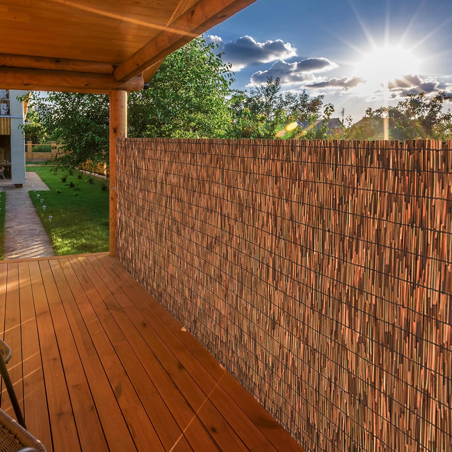 Brown 4FT X 16.4FT Reed Fencing Roll, Balcony Privacy Reed Shade Bamboo Fencing Garden Fence Border, Wind Block Sunshade Fence Screen for Outdoor Yard Patio Flower Bed Edge