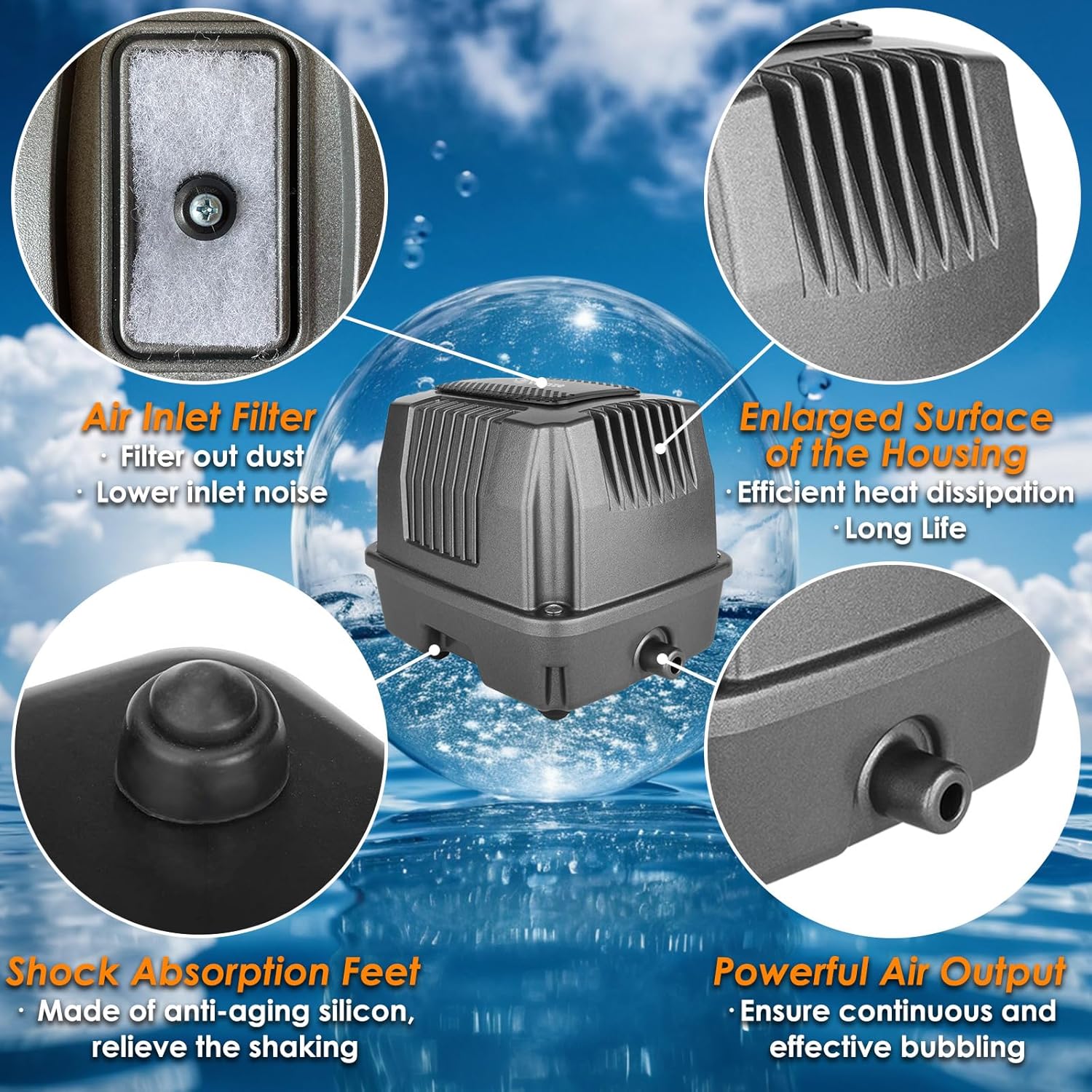 Powerful Linear Air Pump, KP-60 Pond Air Pump Pond Aerator, 950GPH Aeration System for Koi Pond Aeration, Aquarium, Waste Treatment, Fish Farm, Seafood Restaurant