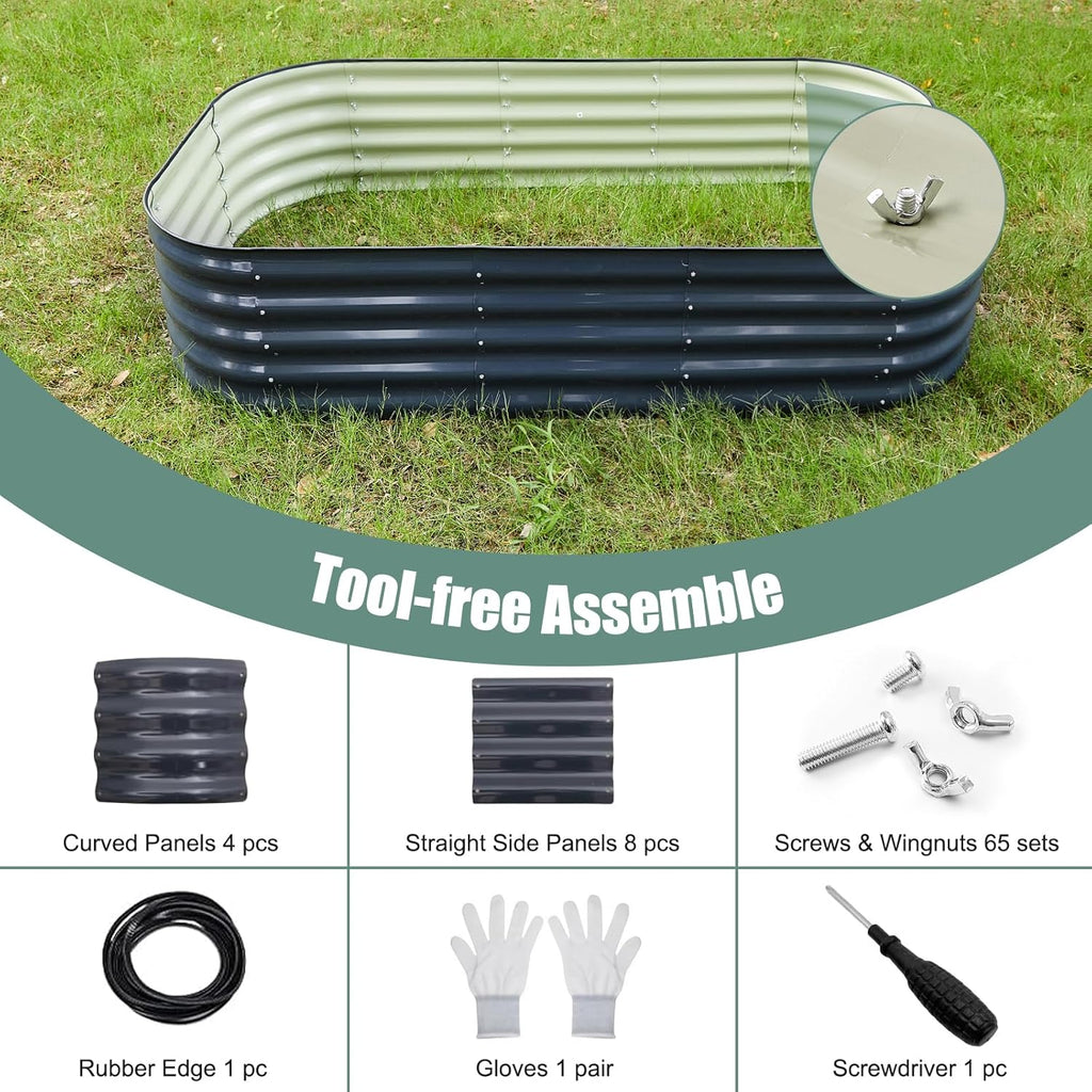 Galvanized Steel Raised Garden Bed 8x2ft Oval - 17" Tall 9-in-1 Modular Planter Box for Vegetables/Flowers, Rust-Proof Metal Outdoor Planters Rubber Edging (Grey)