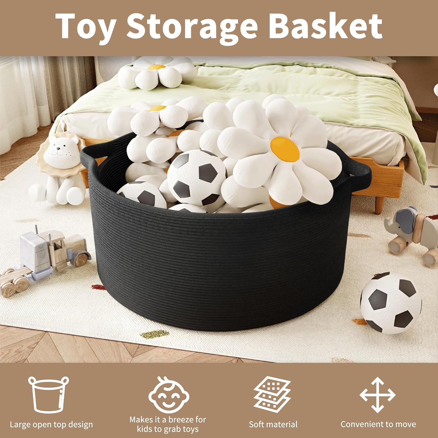 125L Extra Large Blanket Basket, 25" x 16", Jumbo Laundry Woven Baskets Decorative Home, Cotton Rope Basket with Handles, Baby Toy Baskets for Storage, Black