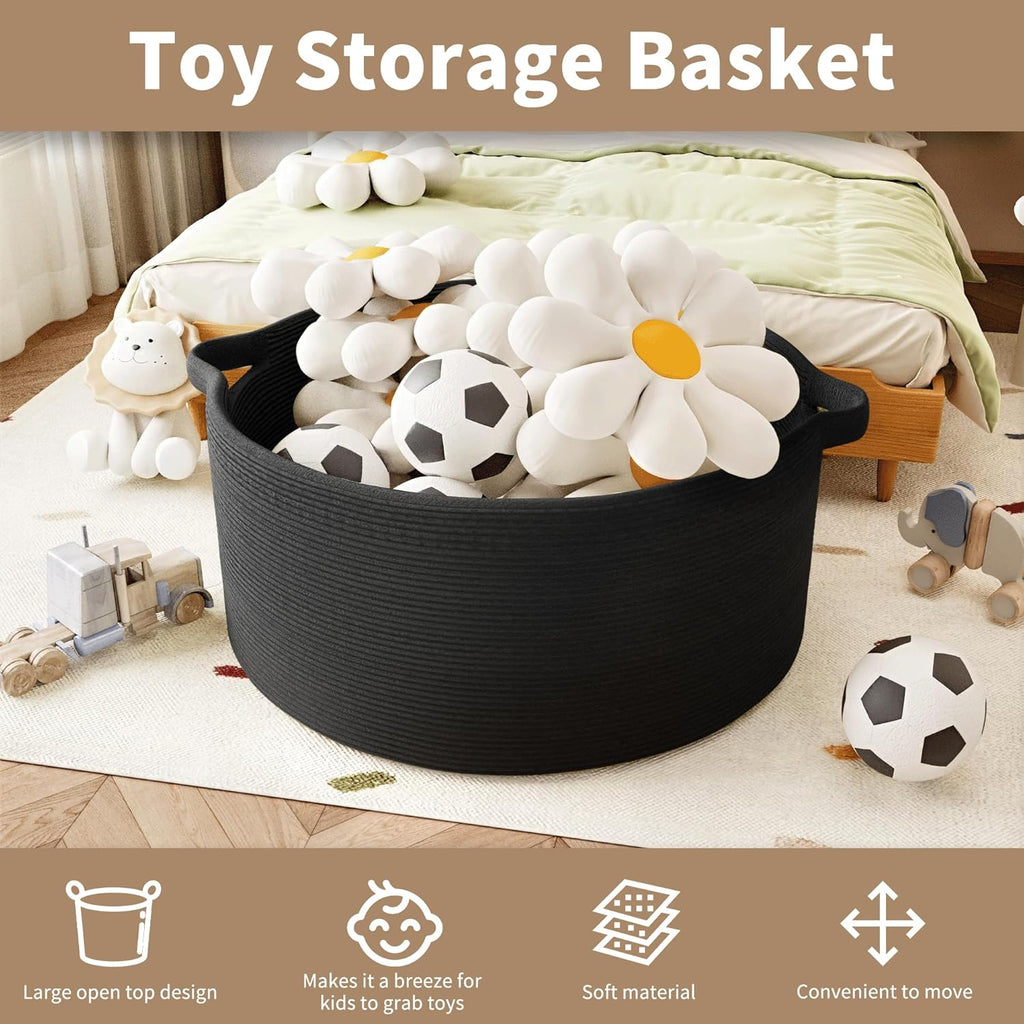 125L Extra Large Blanket Basket, 25" x 16", Jumbo Laundry Woven Baskets Decorative Home, Cotton Rope Basket with Handles, Baby Toy Baskets for Storage, Black, 2PC