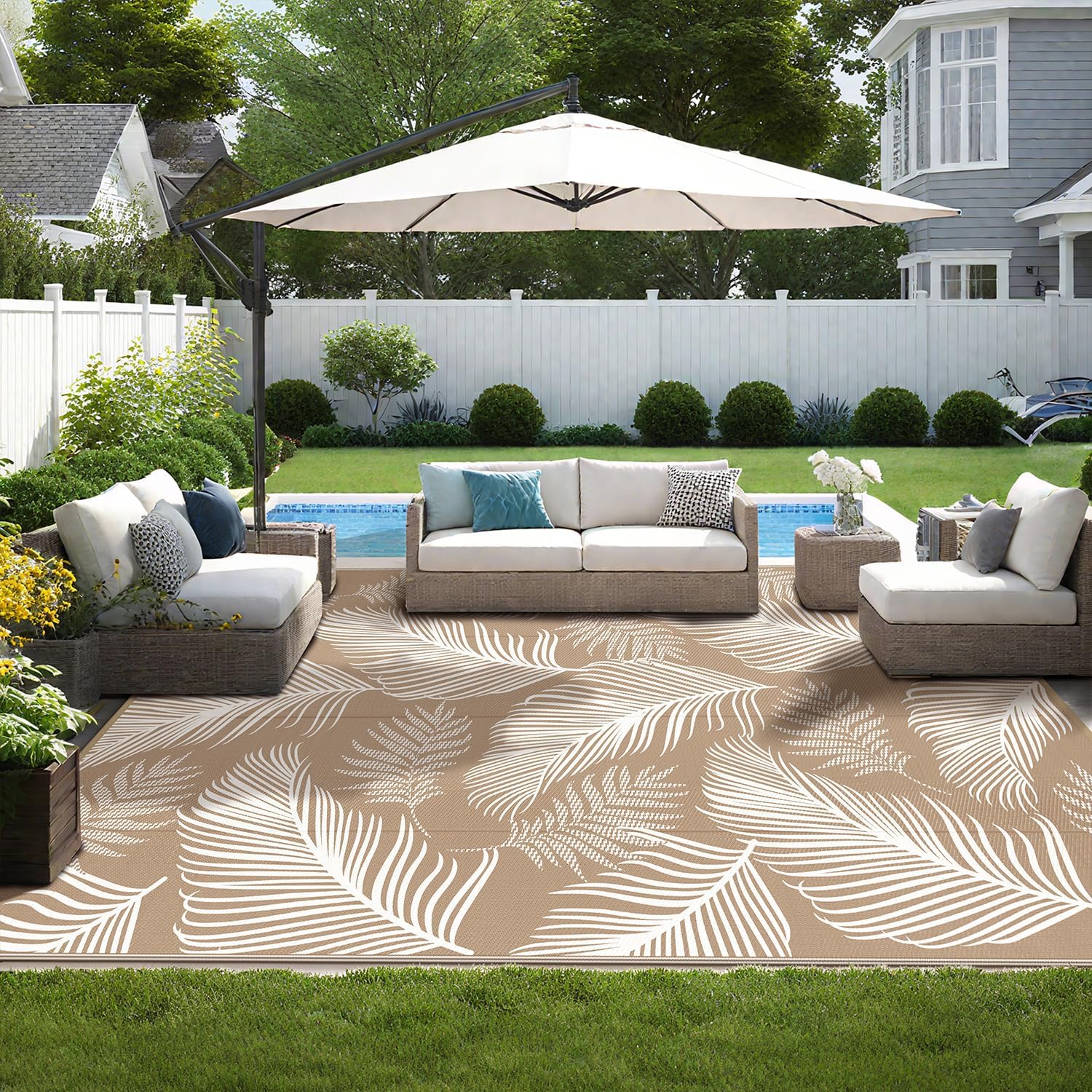 Pauwer Waterproof Outdoor Rug 9x12, Reversible Plastic Straw Patio Camping Rug, Indoor Outdoor RV Mat Carpet for Deck, Camper, Porch, Balcony, Backyard, Picnic, Leaf Brown