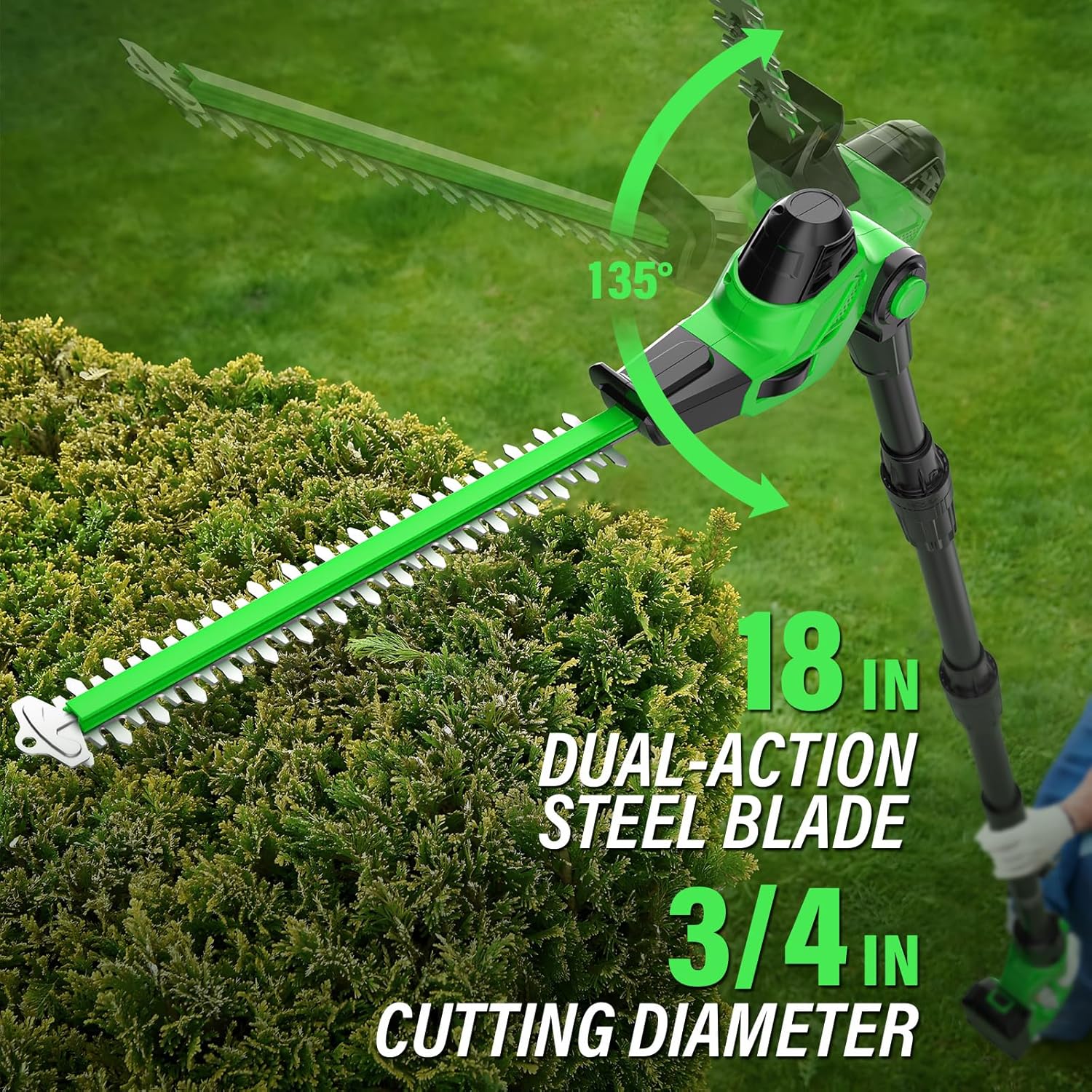 SOYUS Pole Hedge Trimmer Cordless, 18-inch Electric Hedge Trimmer with Extension Pole, 15-Foot Max Reach, Multi-Angle, 2.0Ah Battery and Charger Included