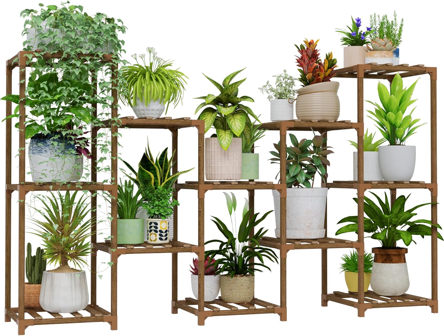 Bamworld Large Plant Shelf Outdoor Wood Plant Stand Large Rack for Living Room Patio, Balcony and Garden