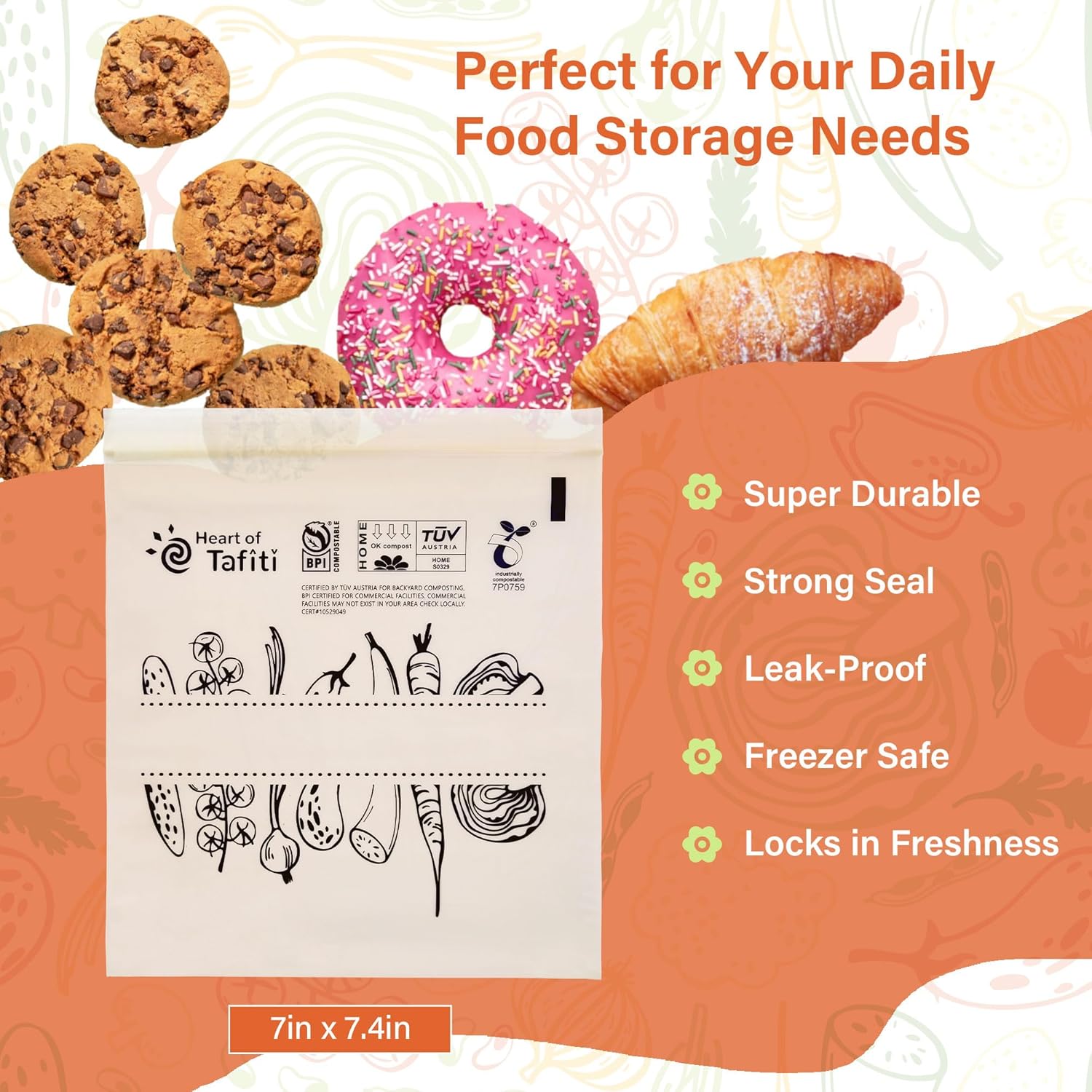 Compostable Food Storage Bags, Resealable Quart Bags, 30 Count, 7 x 7.4 inches, Extra Thick and Reusable, Eco-Friendly, Certified US BPI ASTM D6400 Europe OK Compost