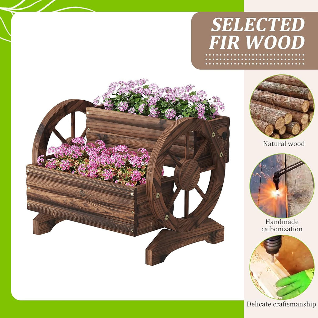 Wooden Flower Cart with Wheels Wooden Wagon Planter Outdoor Garden Planter, Decor Planter for Patio Balcony Decoration Succulent Flower Pot Flower Cart for Indoor Backyard Balcon Décor
