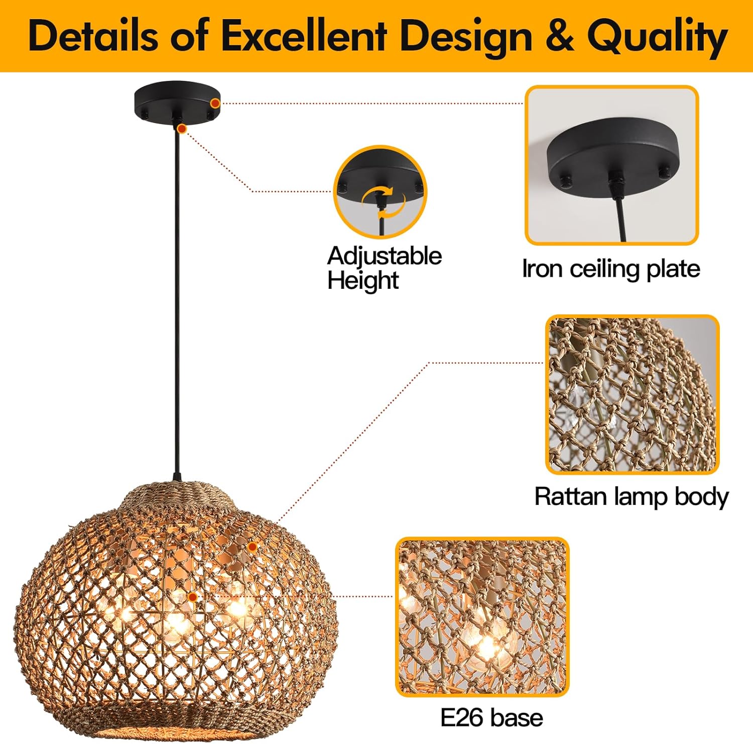 16.94" Rattan Pendant Light,Boho Wicker Chandelier Woven Water Plants, of Kitchen Island Farmhouse Dining Room,Entryway Foyer