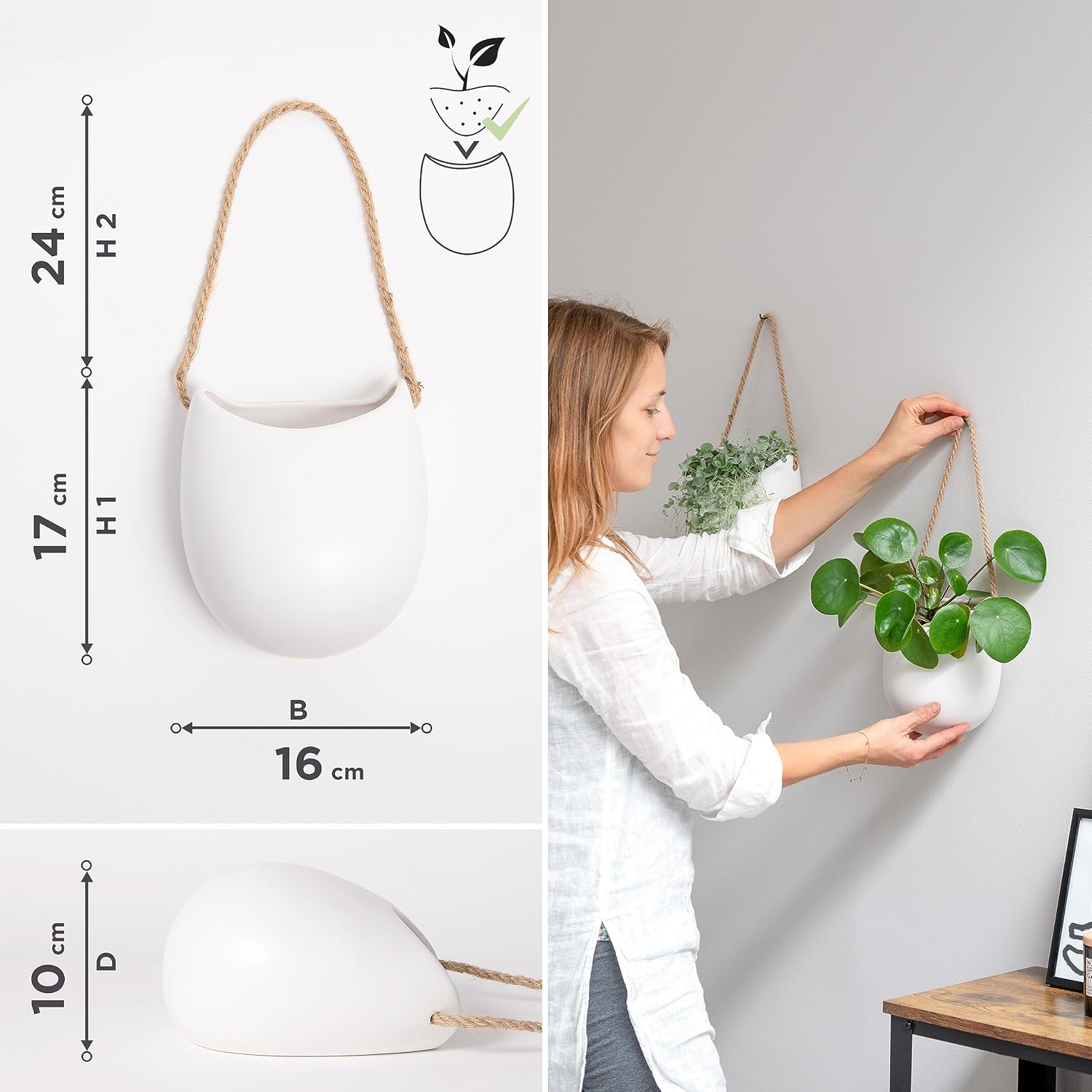 Kazai. Wall Planters -Ellie- | Hanging Ceramic Plant Pots 2 Pieces | Wall Decoration for Indoors, Balcony and Garden | White (Matte)