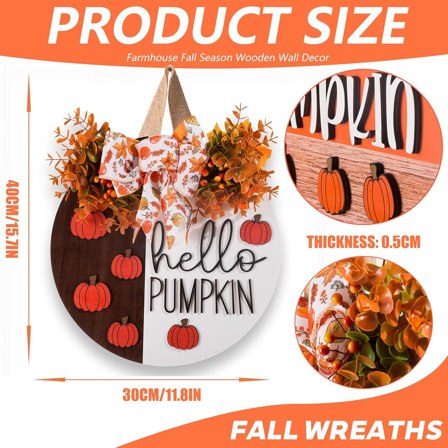 3D Hello Pumpkin Wooden Sign, Fall Outdoor Wreath for Front Door with Bow & Wreath | Fall Autumn Harvest Farmhouse Hanging Decor | Indoor Outdoor Porch, Wall, Home Decor