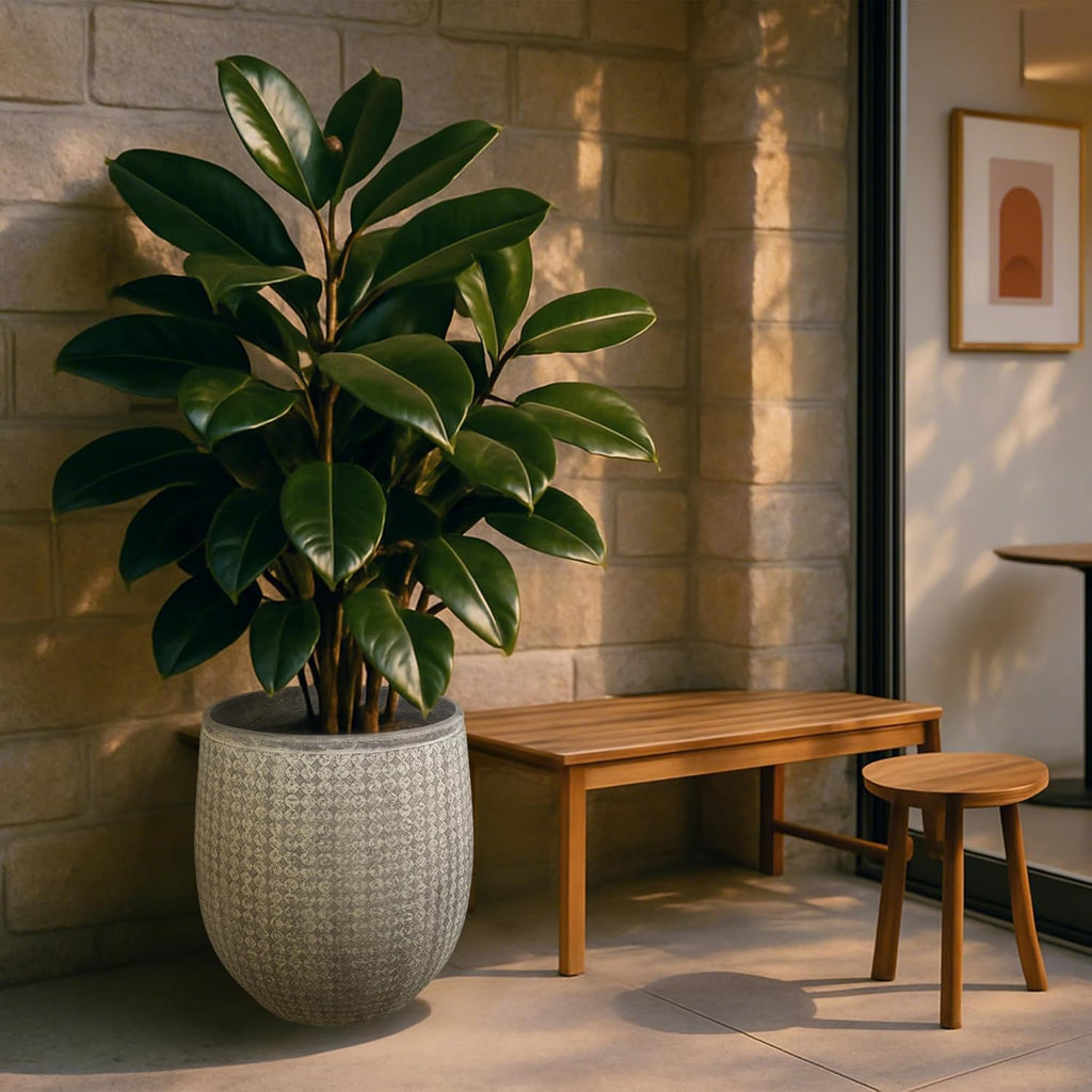 Worth Garden Large Grey Round Planter – 14.5" Dia x 17.5" H Lightweight Magnesium Oxide Cement Plant Pot with Texture – Raised Pattern Concrete Look – Drainage Hole – Indoor & Outdoor Use