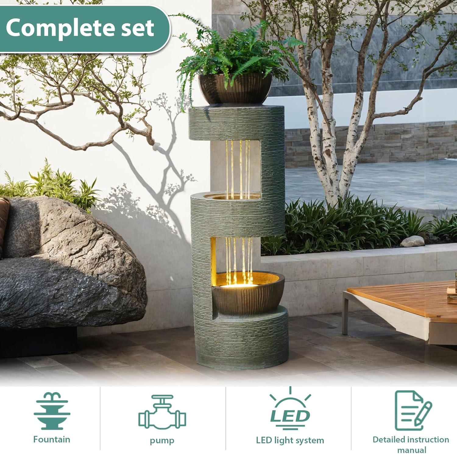 37.8" Outdoor Fountain with Waterfall & LED Lights, Freestanding Garden Water Fountain for Patio/Backyard, Resin Tiered Fountain with Pump