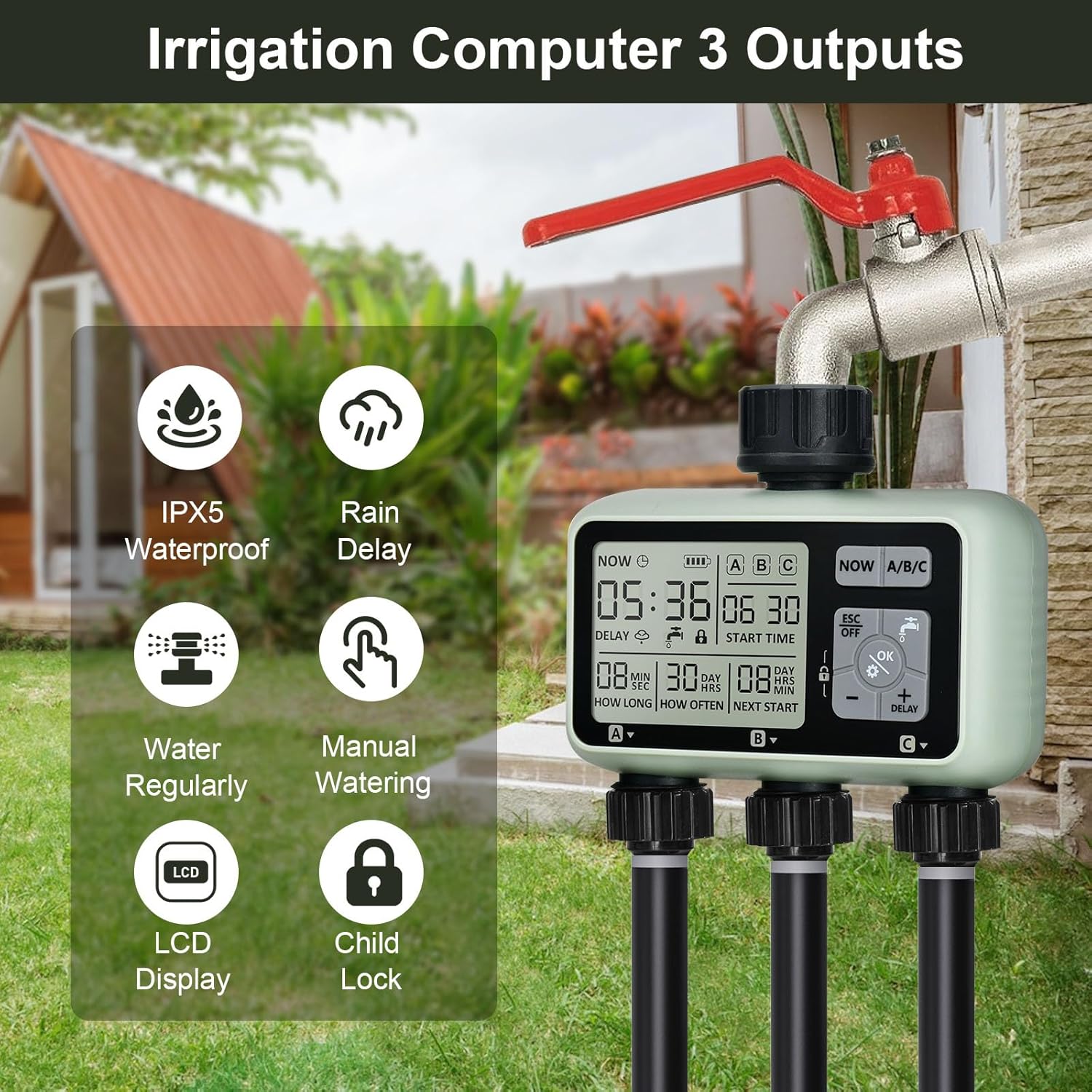 Watering Timer 3 Zone, Sprinkler Timer, Programmable Garden Outdoor Hose Faucet Timer with Rain Delay, Auto & Manual Watering System,Water Hose Irrigation Timers 3 Outlet for Garden