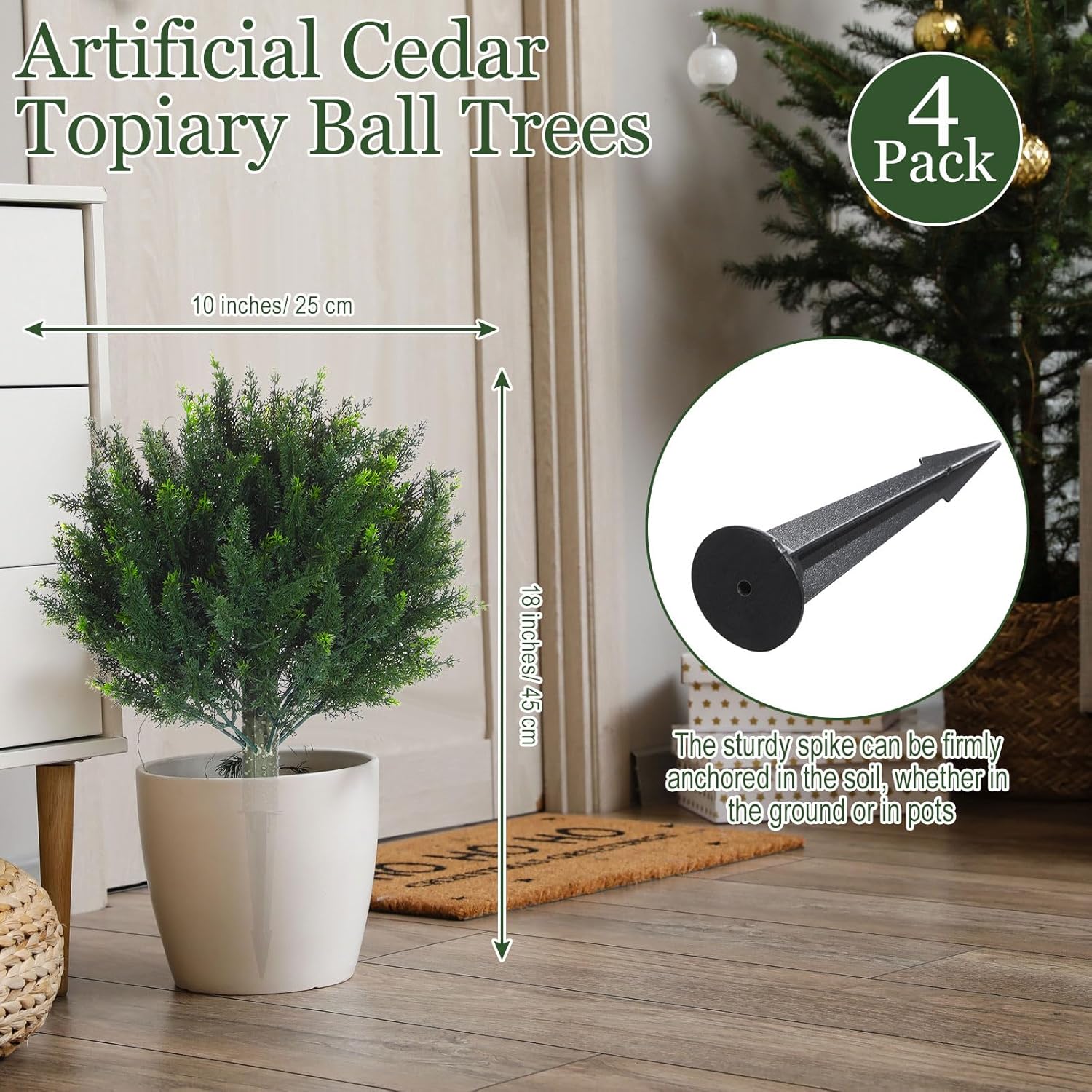 Yunlly 4 Pcs Artificial Cedar Topiary Ball Fake Tree 18" Bush Front Porch Decor Artificial Shrubs for Outdoors Faux Cypress with Ground Spike, Evergreen Plants for Indoor Garden Patio, UV Resistance