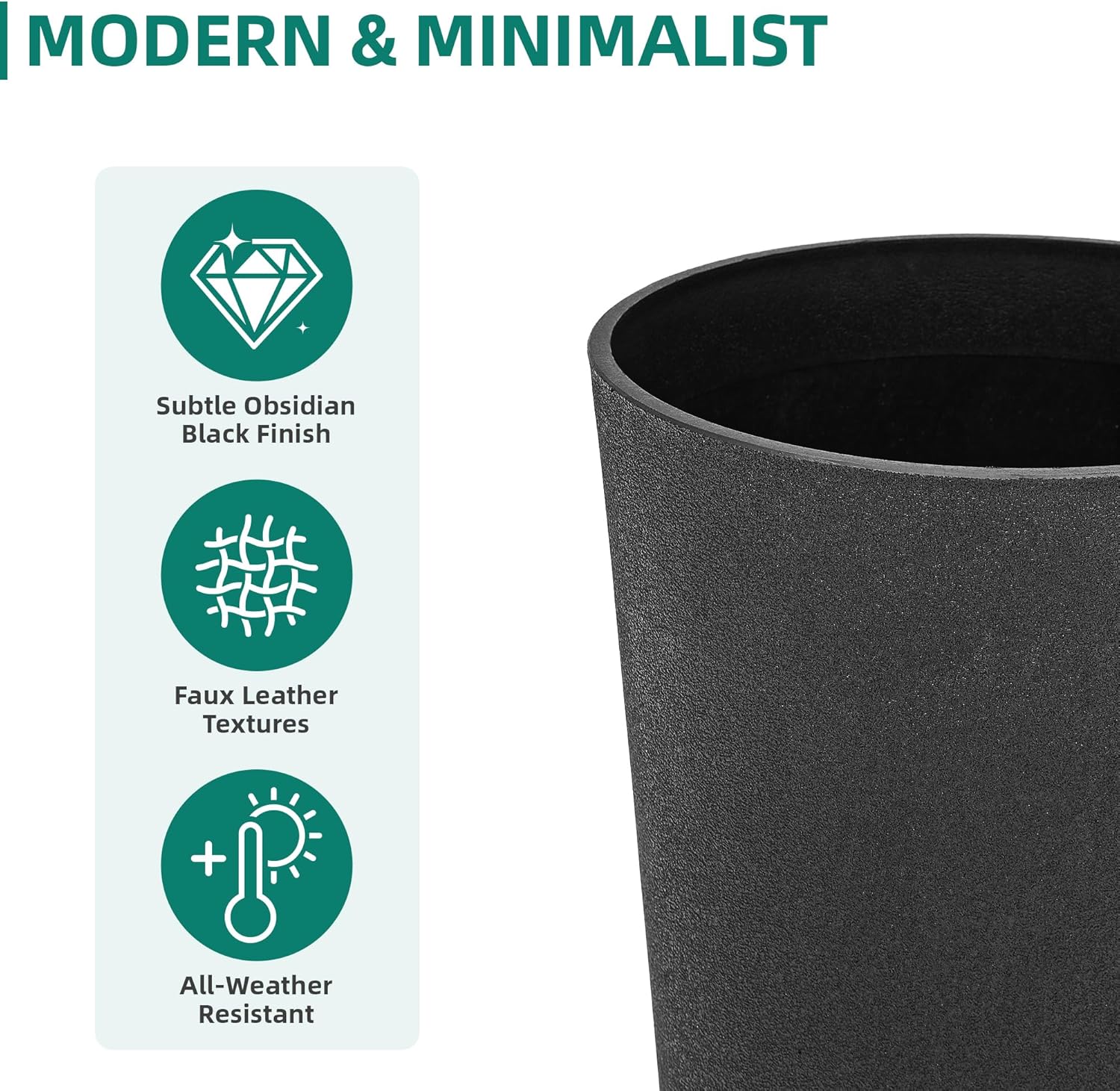 24" Set of 2 Tall Resin Outdoor Planters, Heavy-Duty Resin Flower Pots, Matte Black Leather Grain Finish, Durable & Weather-Resistant, Ideal for Garden, Patio, Yard, Porch, or Indoor Décor