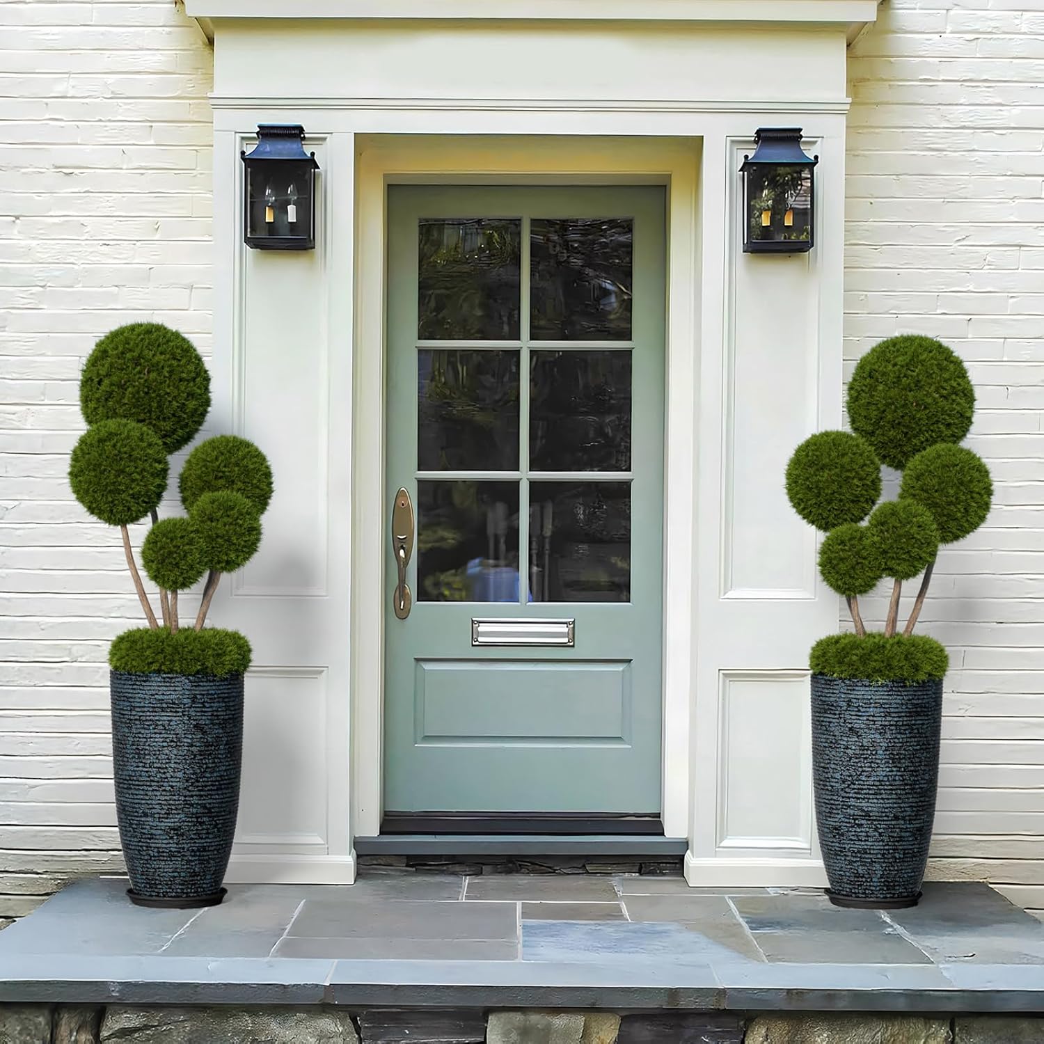 QCQHDU Large Tall Blue Planters with Saucer - 9 Gallon 12" Diameter x 21" H Faux Stone Round Pots for Indoor Plants, Outdoor Patio & Porch Decor, Heavy Duty Weatherproof Plant Containers