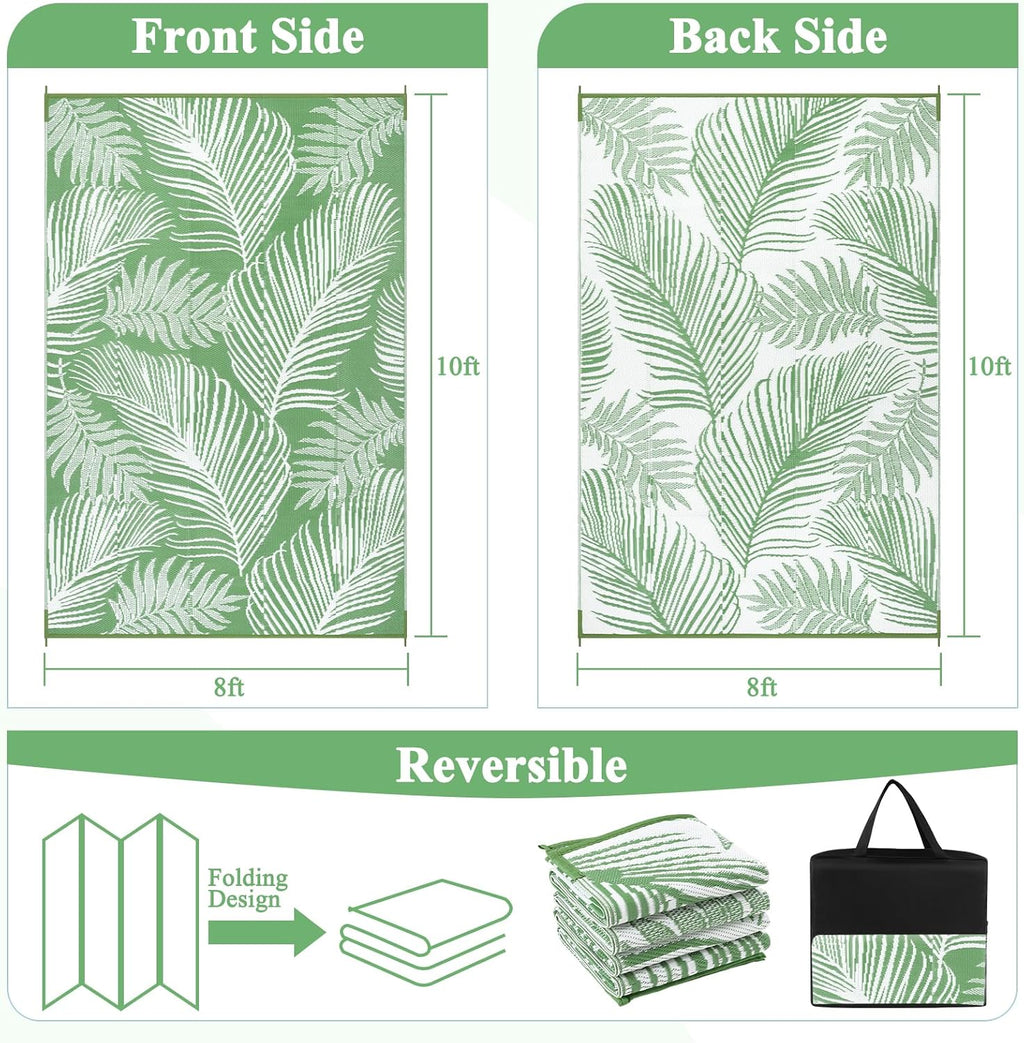 Pauwer Waterproof Outdoor Rug 8x10, Reversible Plastic Straw Patio Camping Rug, Indoor Outdoor RV Mat Carpet for Deck, Camper, Porch, Balcony, Backyard, Picnic, Leaf Green