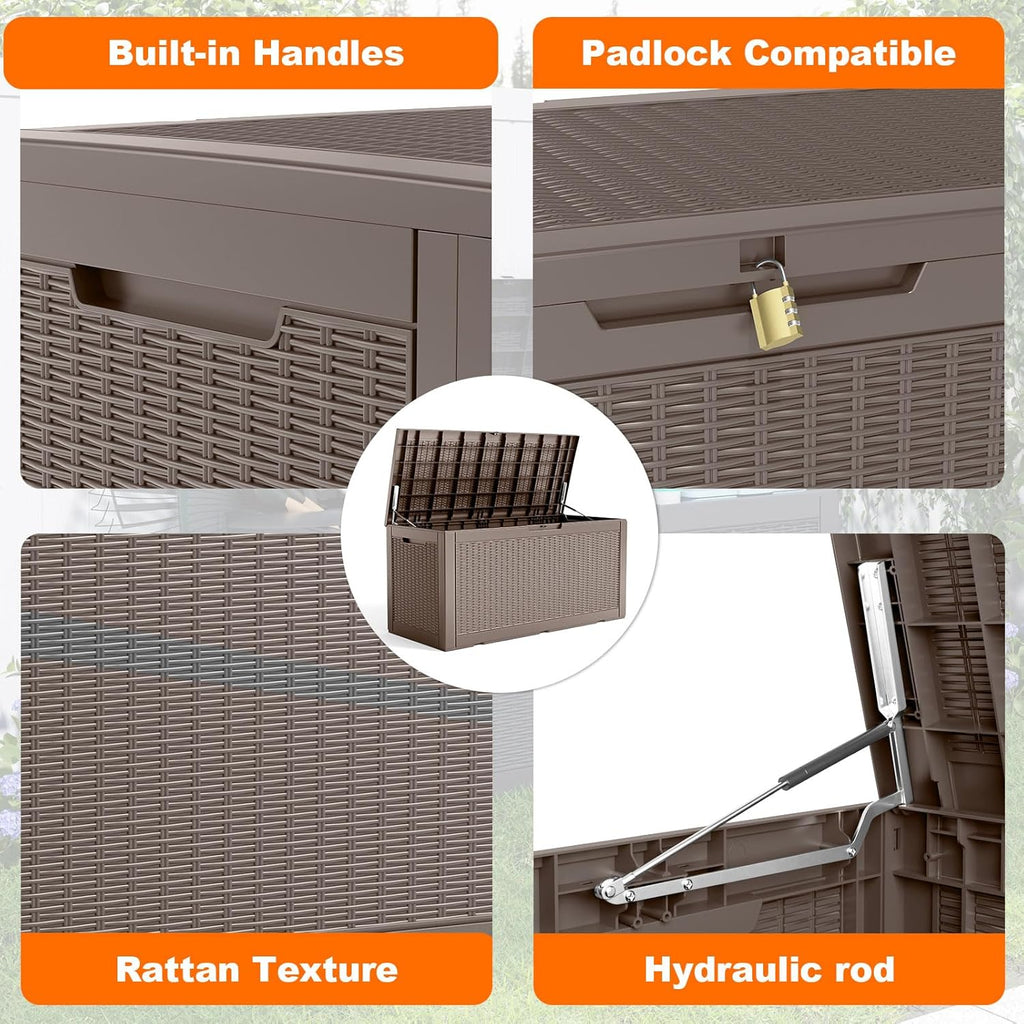 100 Gallon Resin Deck Box, Lockable Patio Outdoor Storage Box for Furniture, Garden Tools and Tools Storage, Waterproof Outside Storage Boxes - Grey