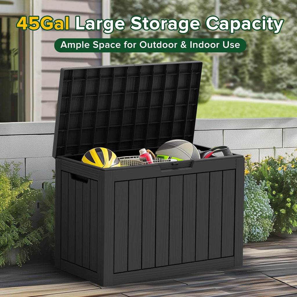 45 Gallon Waterproof Large Resin Deck Box Indoor/Outdoor Lockable Storage Container and Seating for Garden, Pool, and Patio (45 Gallon, Black)