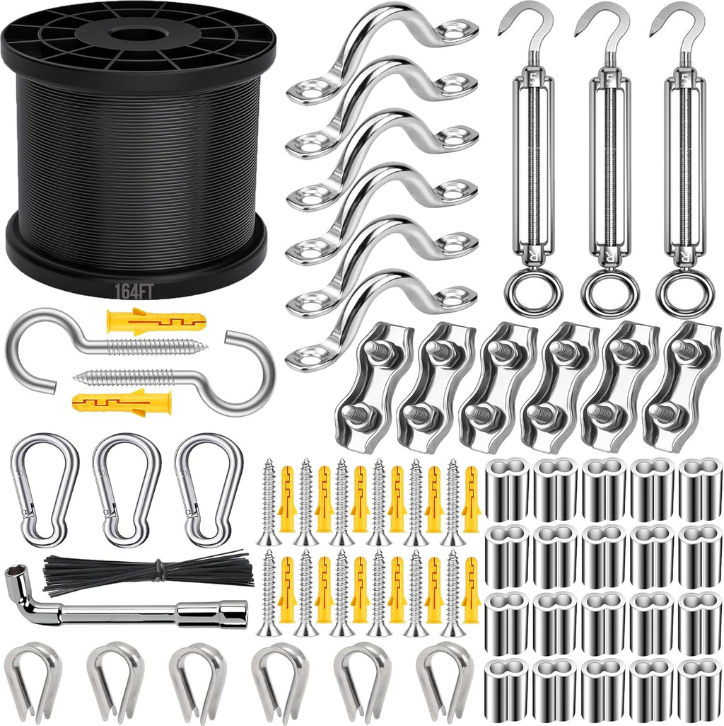 165FT String Light Hanging Kit,304 Stainless Steel Cable Kit - Heavy Duty 480LB Capacity, Adjustable Turnbuckles & Complete Accessories for Clothesline, Garden Rigging