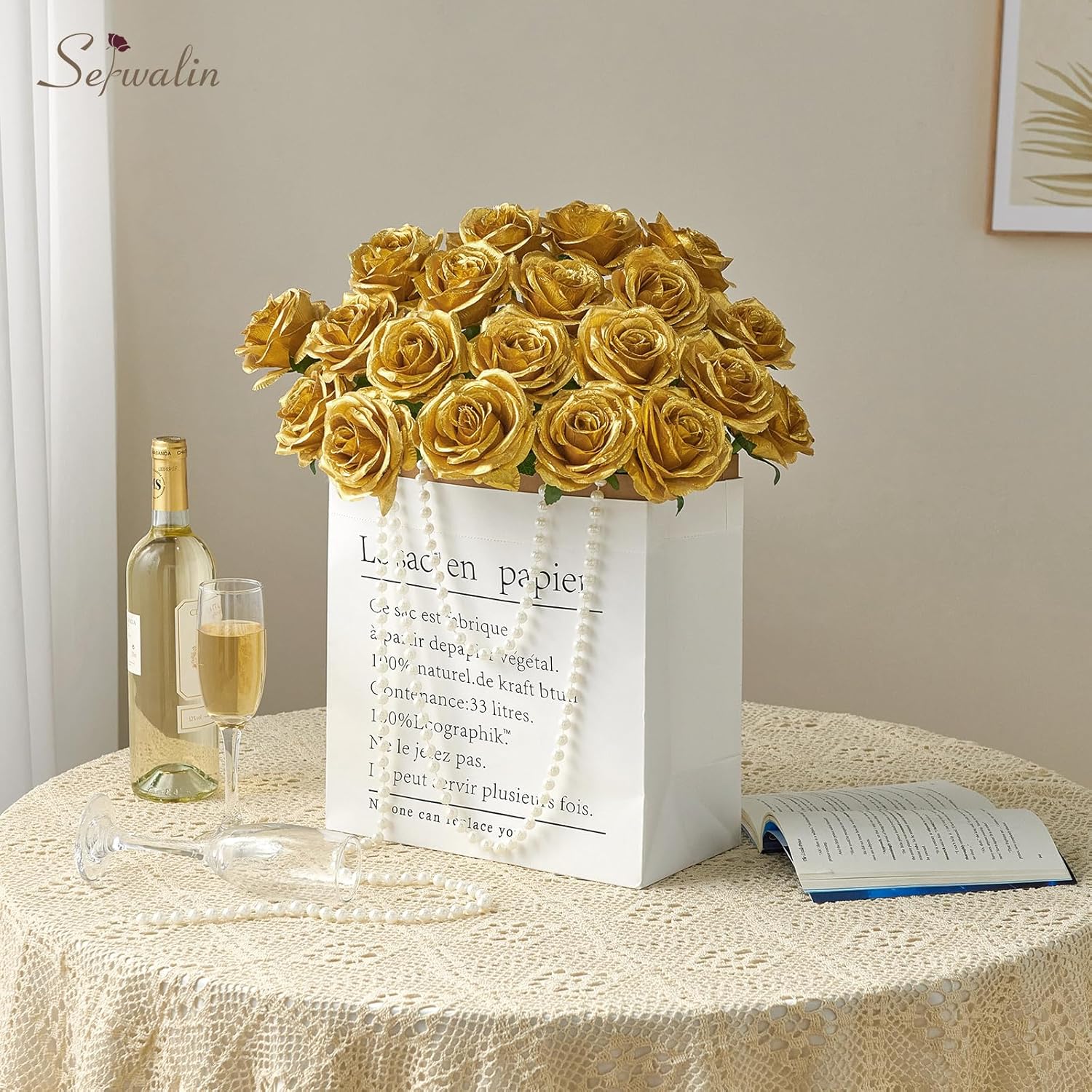Serwalin 20pcs Artificial Gold Roses, 4'' Big Flower Head, Fake Roses Velvet Real Touch, Silk Roses Long Stems Realistic Bouquet for Wedding Parties Table Centerpiece and Home Decor